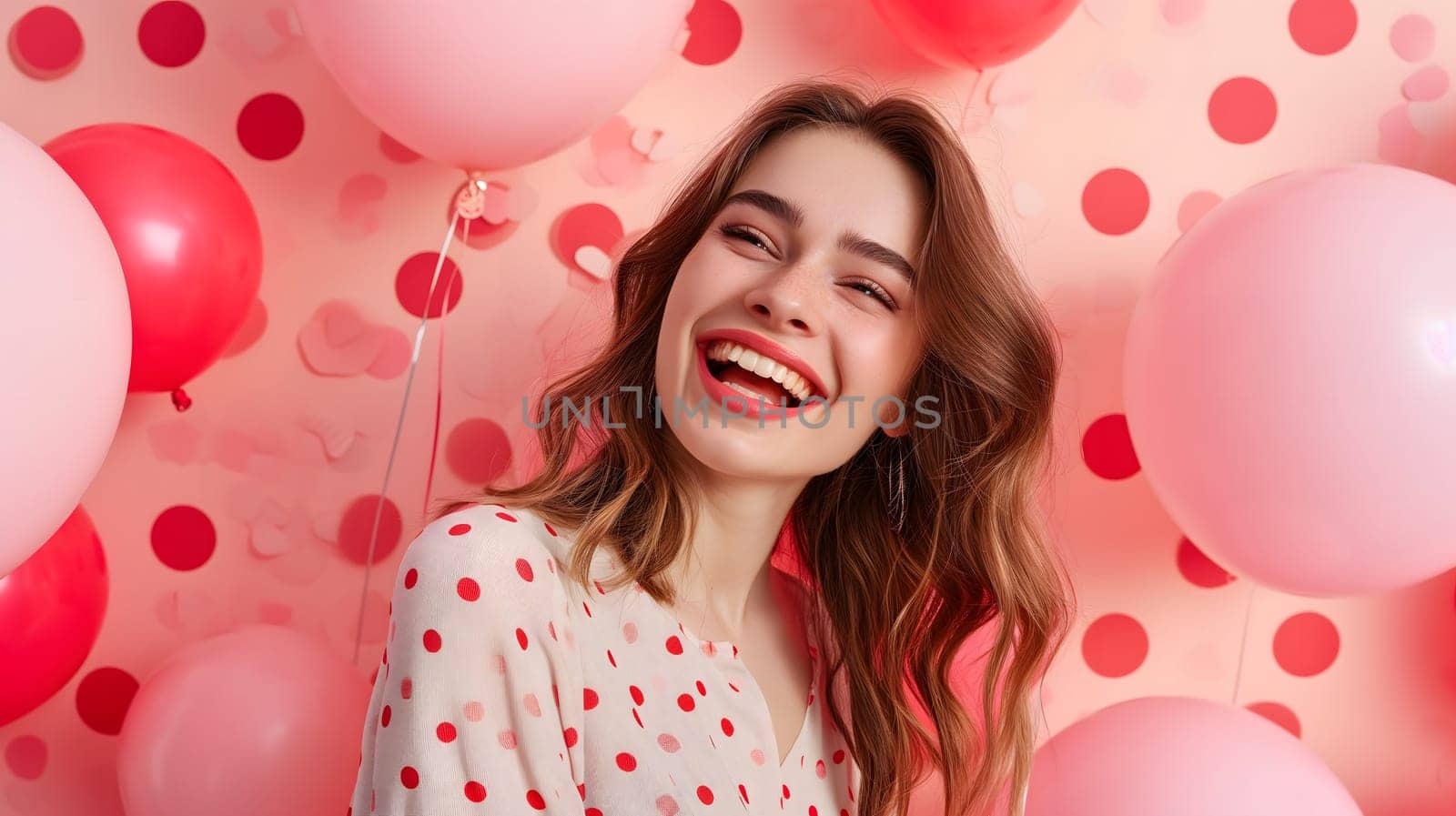 Young adult woman with red and pink air balloons laughing, on pink polka dots background. Happy holiday party. Joyful beauty having fun, celebrating Valentine's Day. Neural network generated image.