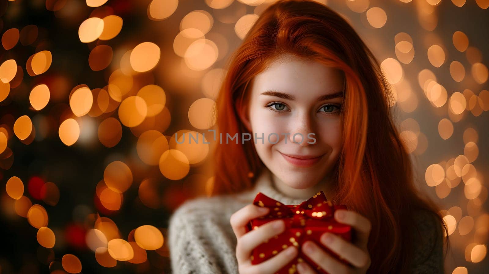 Beautiful redhead girl with gift for Valentines Day with bokeh at background. Neural network generated image. Not based on any actual person or scene.