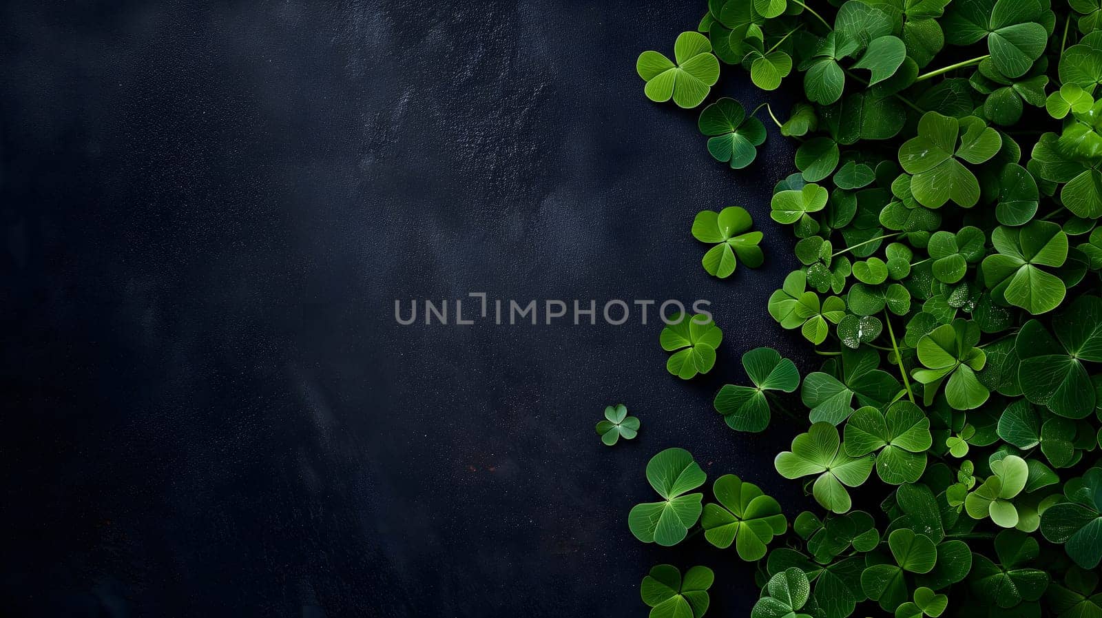 Clover with black background for St. Patricks day. Neural network generated image. Not based on any actual scene or pattern.