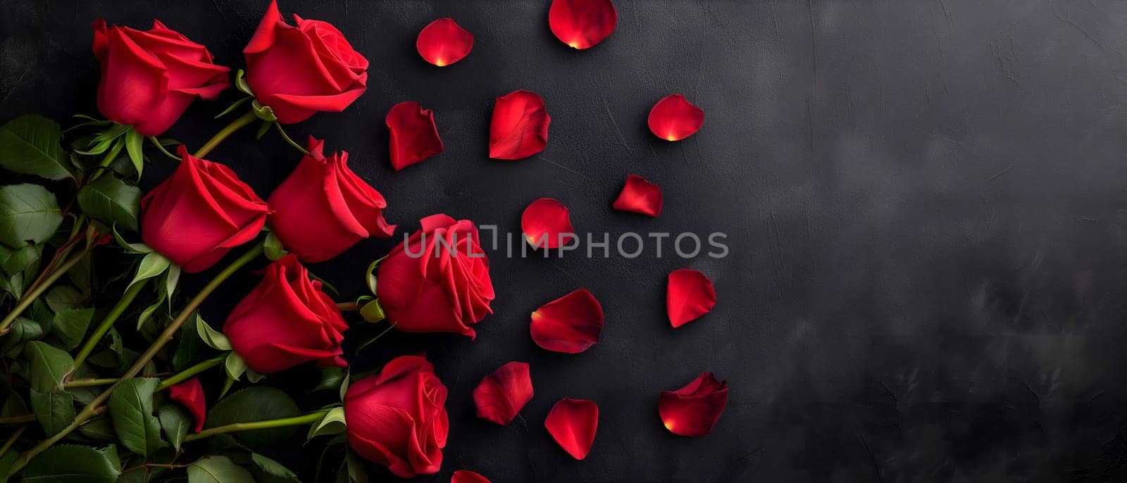 Red roses on black background with copy space. Neural network generated image. Not based on any actual person or scene.