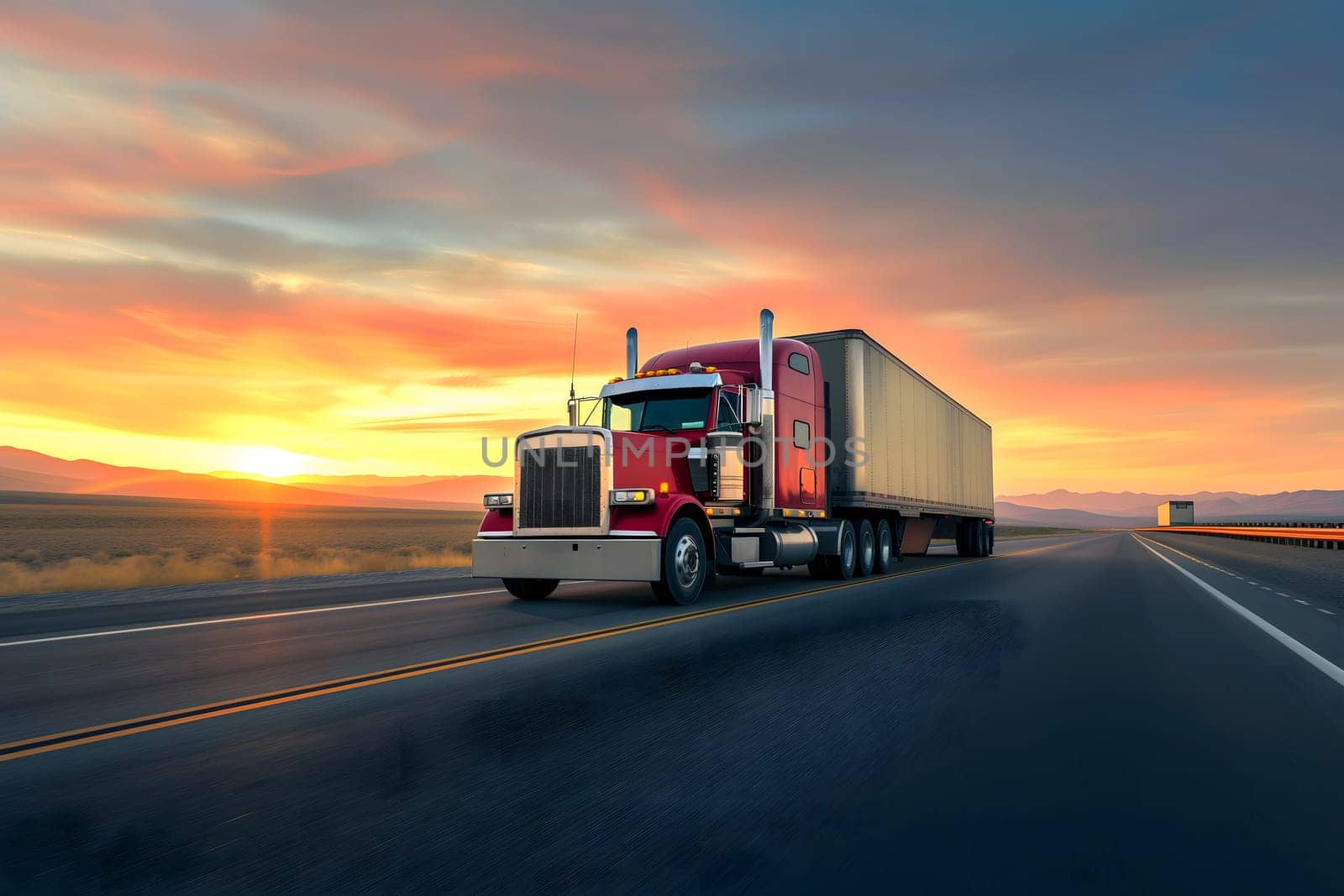 Classic American long-nose semitruck on a highway. Neural network generated image. Not based on any actual scene or pattern.