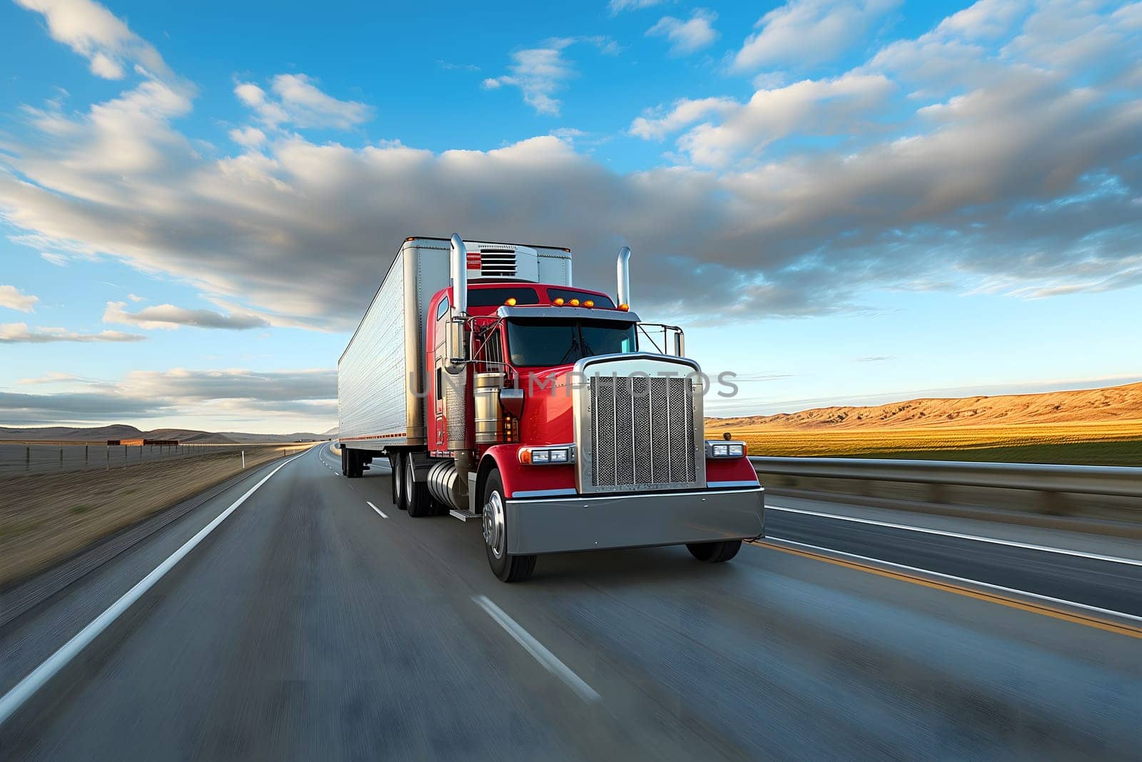 Classic American long-nose semitruck on a highway. Neural network generated image. Not based on any actual scene or pattern.