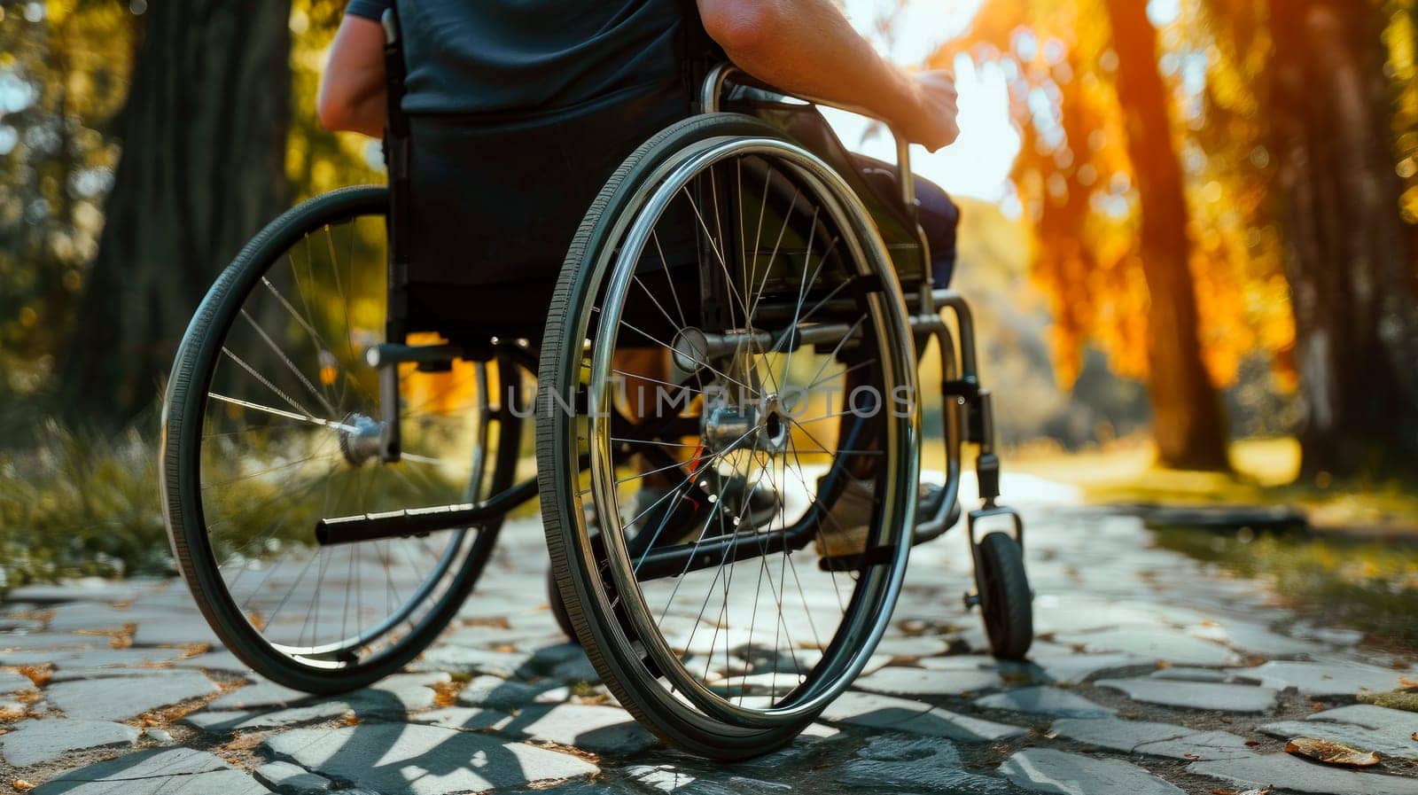 Back view of man in wheelchair during walk in park in sunny day. AI generated
