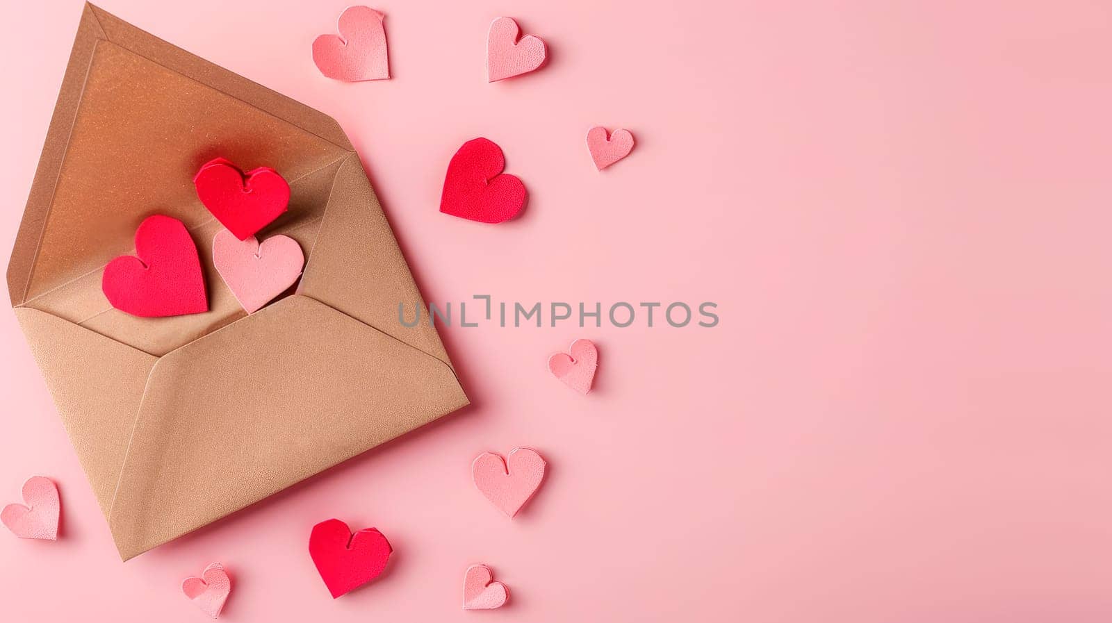 Love letter concept. Paper craft envelope and hearts on a pink pastel background. AI generated