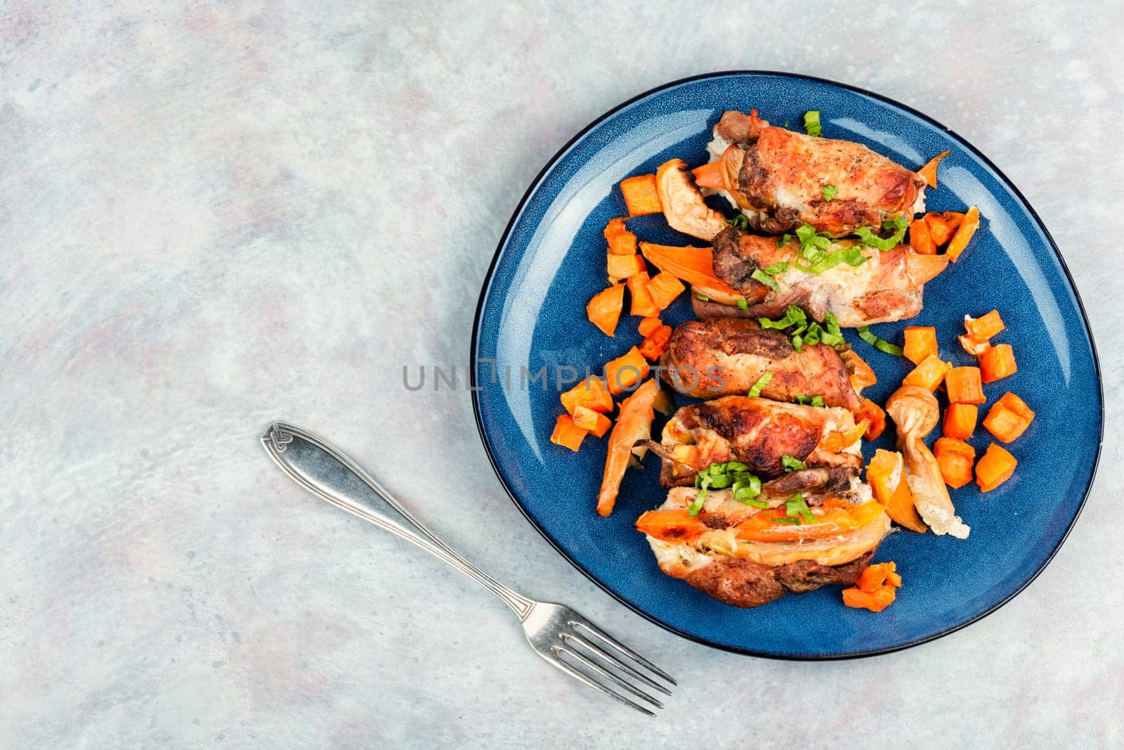 Delicious meatloaf or roulade stuffed with sweet potato and apples. Copy space.