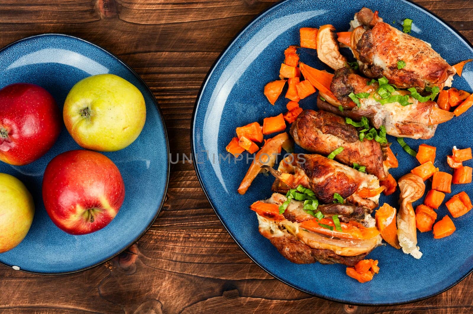 Delicious meatloaf or roulade stuffed with sweet potato and apples. Copy space.