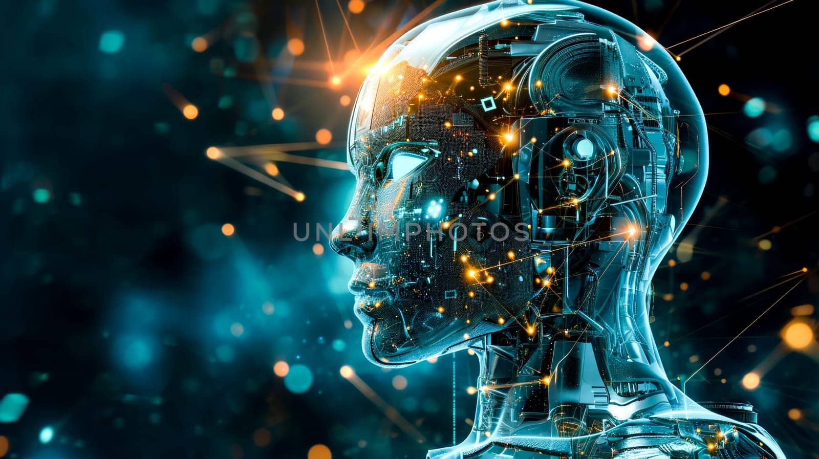 A digital humanoid head with a network of lights, symbolizing advanced artificial intelligence.