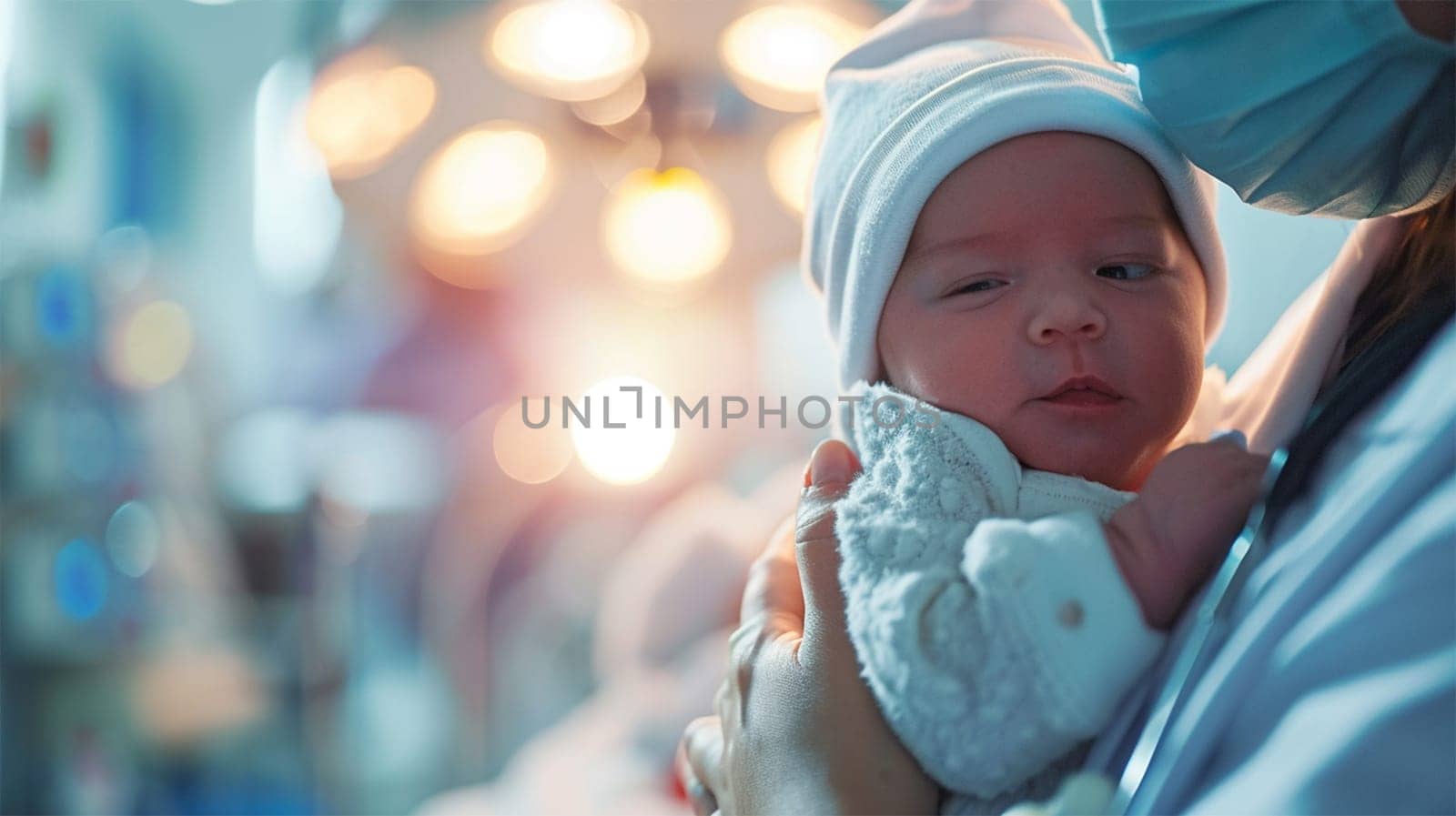 A newborn baby in a beanie is held carefully in a hospital setting, the lights overhead glowing softly.