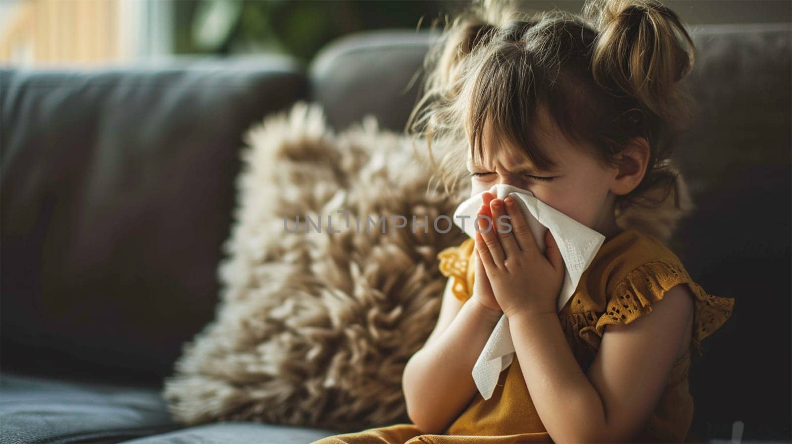 A young girl in a mustard-colored dress sneezes into a tissue, her expression one of discomfort.Seasonal Allergies in Childhood