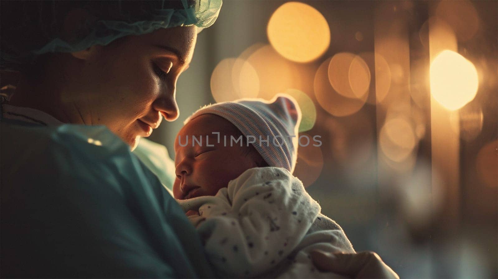 A soft-focus shot captures a serene moment as a medical worker cradles a newborn in a hat.Newborn's First Gentle Embrace.