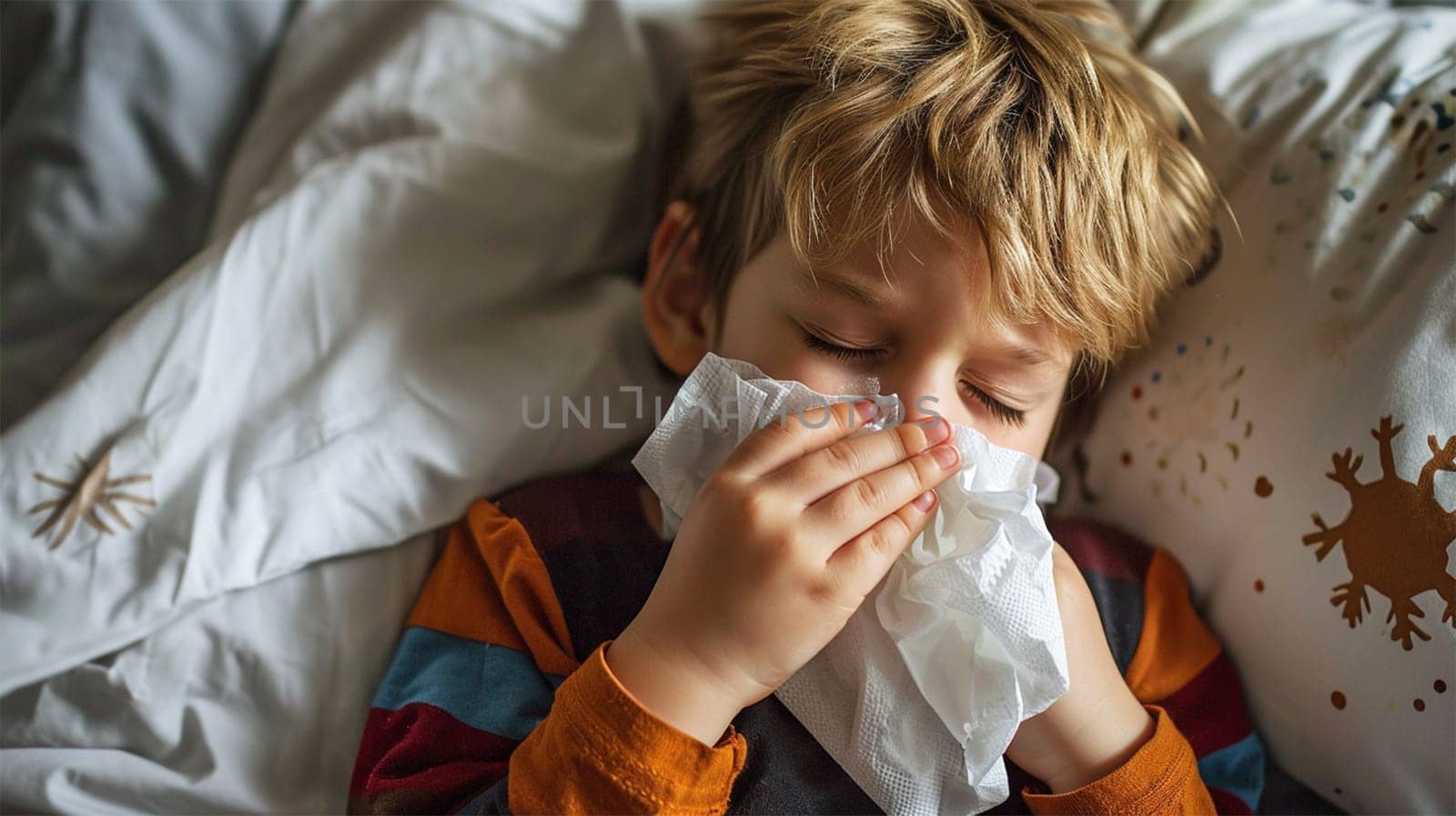 A young boy with a cold, blowing his nose in bed, with a comforting atmosphere. Copy space.Sick Day Comfort.