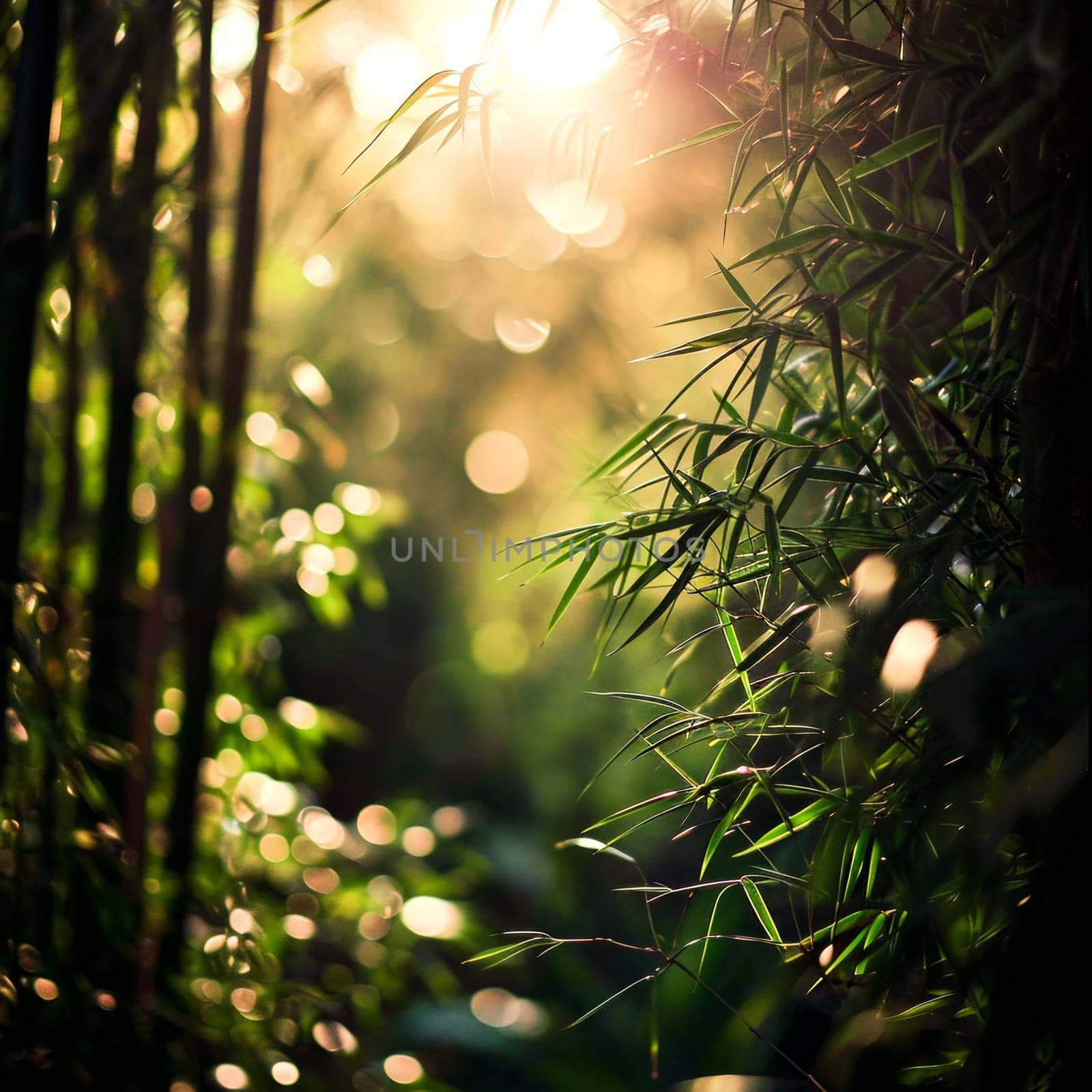 Sunlight filters through a bamboo forest, creating a serene bokeh effect, copy space.