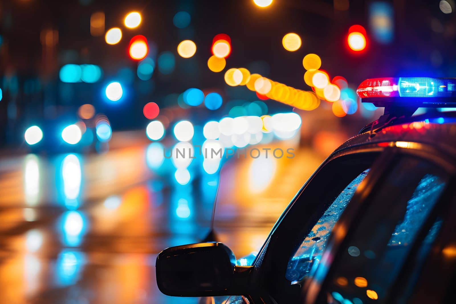 police car lights at night in city street with selective focus and bokeh. Neural network generated image. Not based on any actual person or scene.
