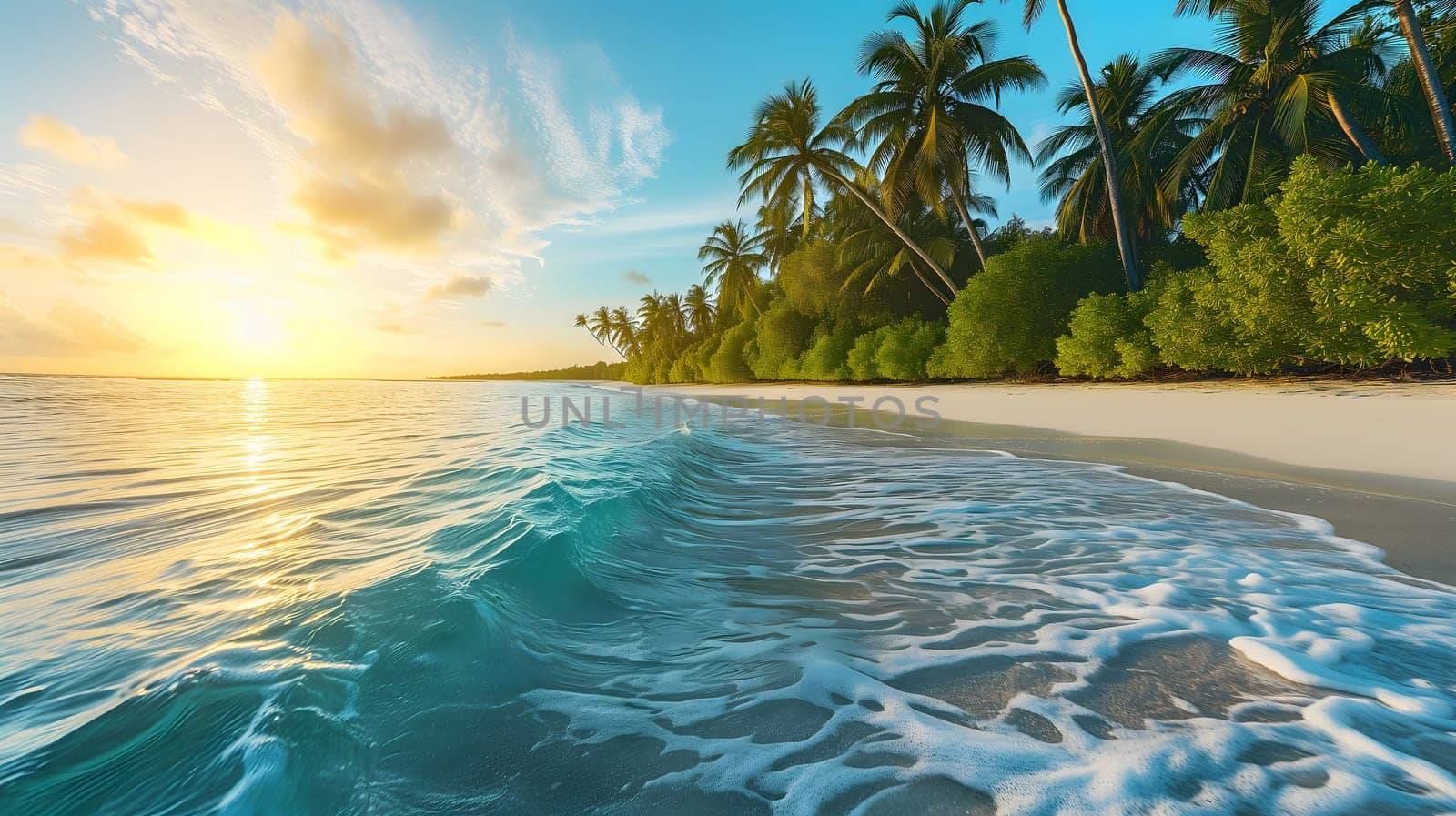 tropical beach view at sunset or sunrise with white sand, turquoise water and palm trees. Neural network generated image. Not based on any actual scene or pattern.