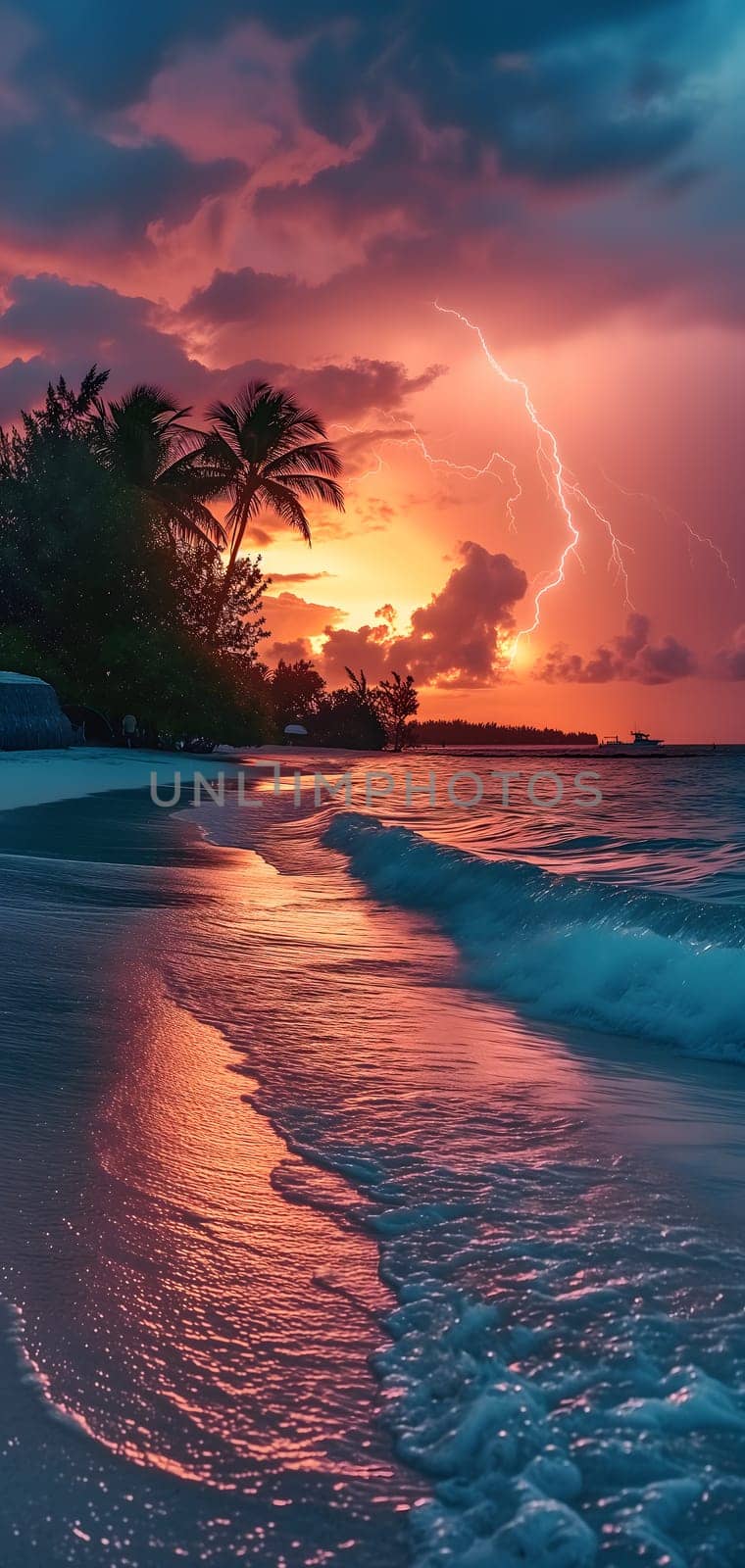 tropical beach view at cloudy stormy night with white sand, turquoise water and palm trees. Neural network generated image. Not based on any actual scene or pattern.