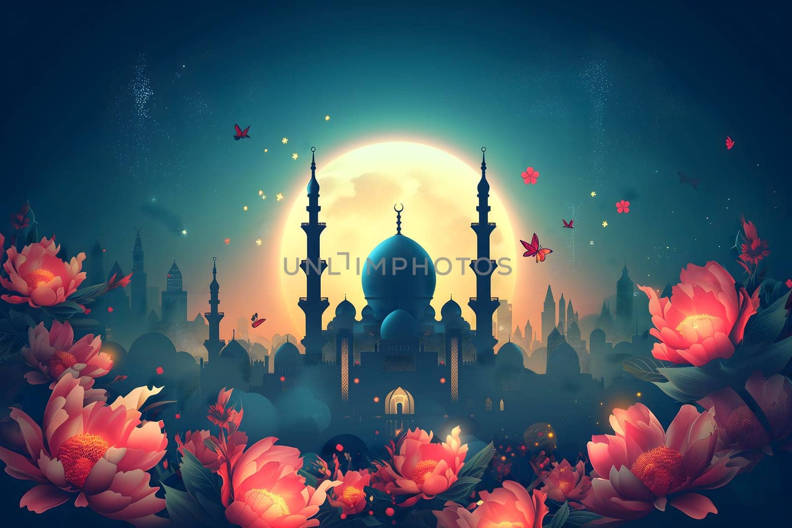 Ramadan mosque with night afterglow sky with full moon. Neural network generated in January 2024. Not based on any actual scene or pattern.