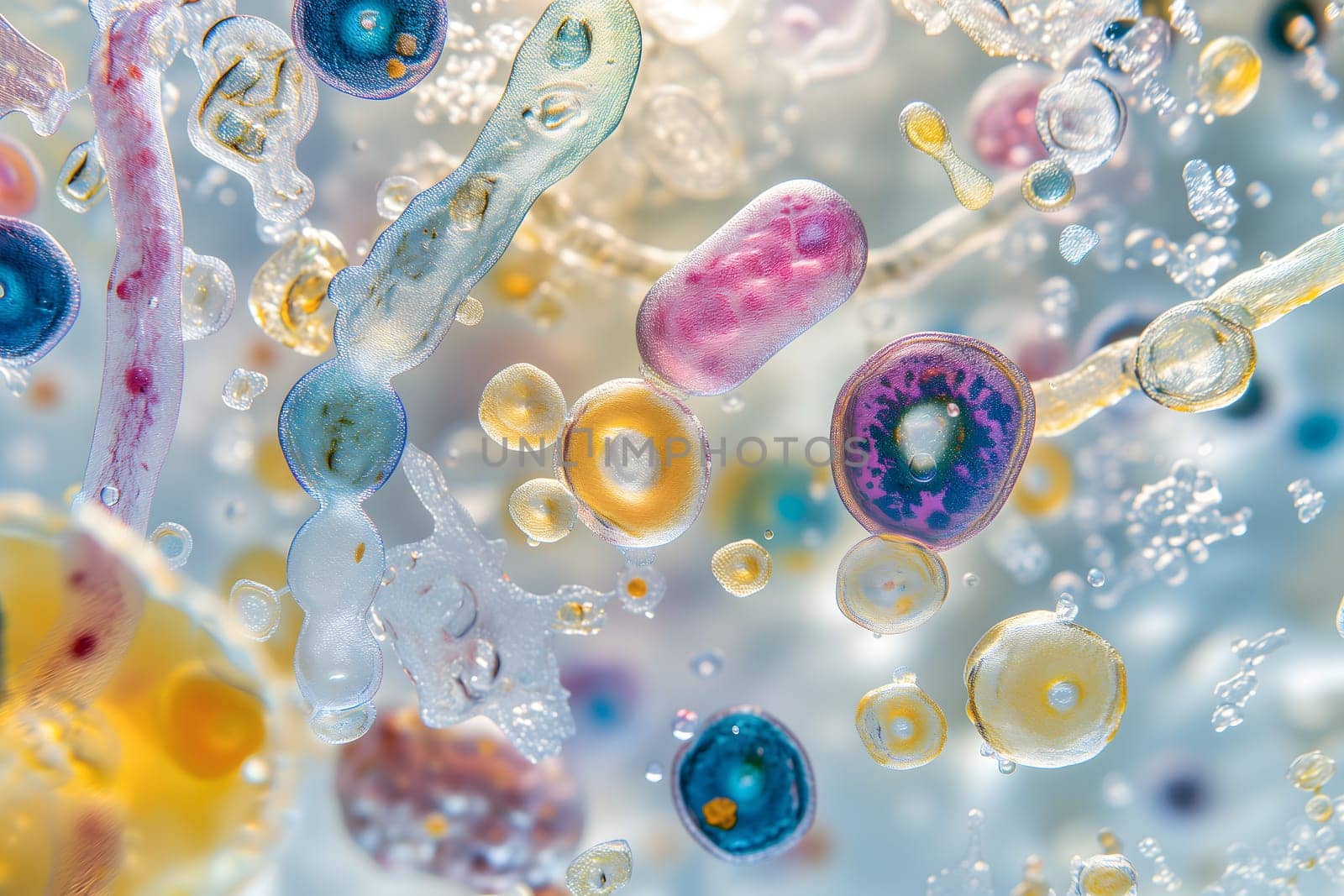 Diverse colorful abstract microbiome, containing many different types of microorganisms. Neural network generated in January 2024. Not based on any actual scene or pattern.