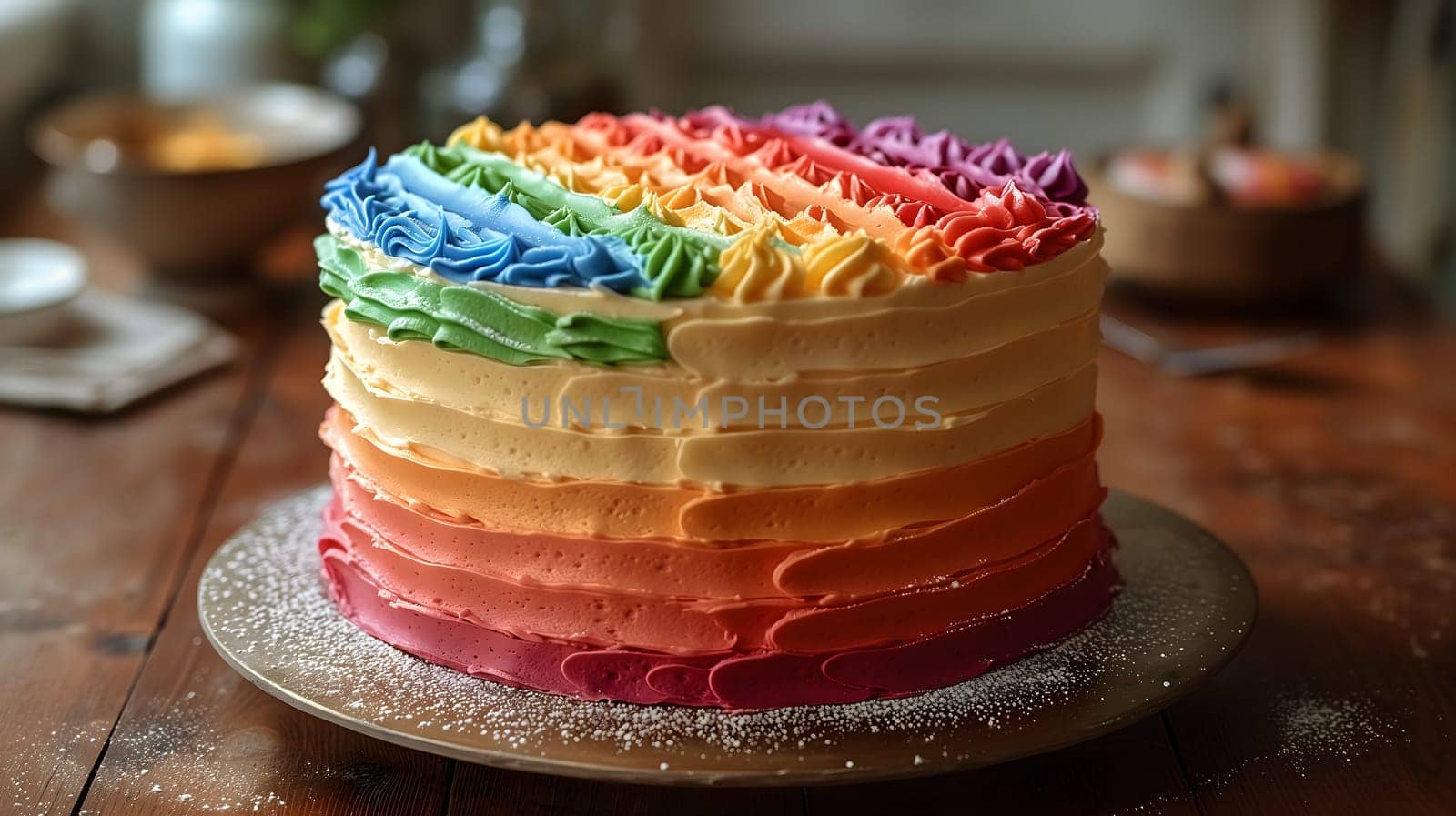 Rainbow LGBT flag colored cake on kitchen table. Neural network generated in January 2024. Not based on any actual scene or pattern.
