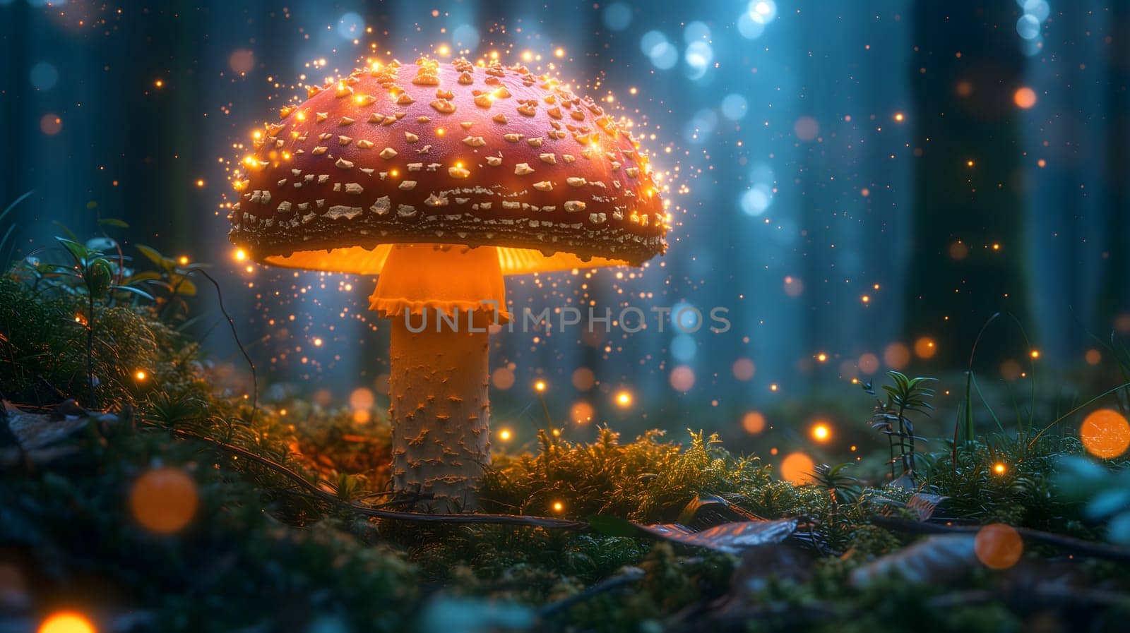Magical mushroom in fantasy enchanted fairy tale forest. Neural network generated in January 2024. Not based on any actual scene or pattern.