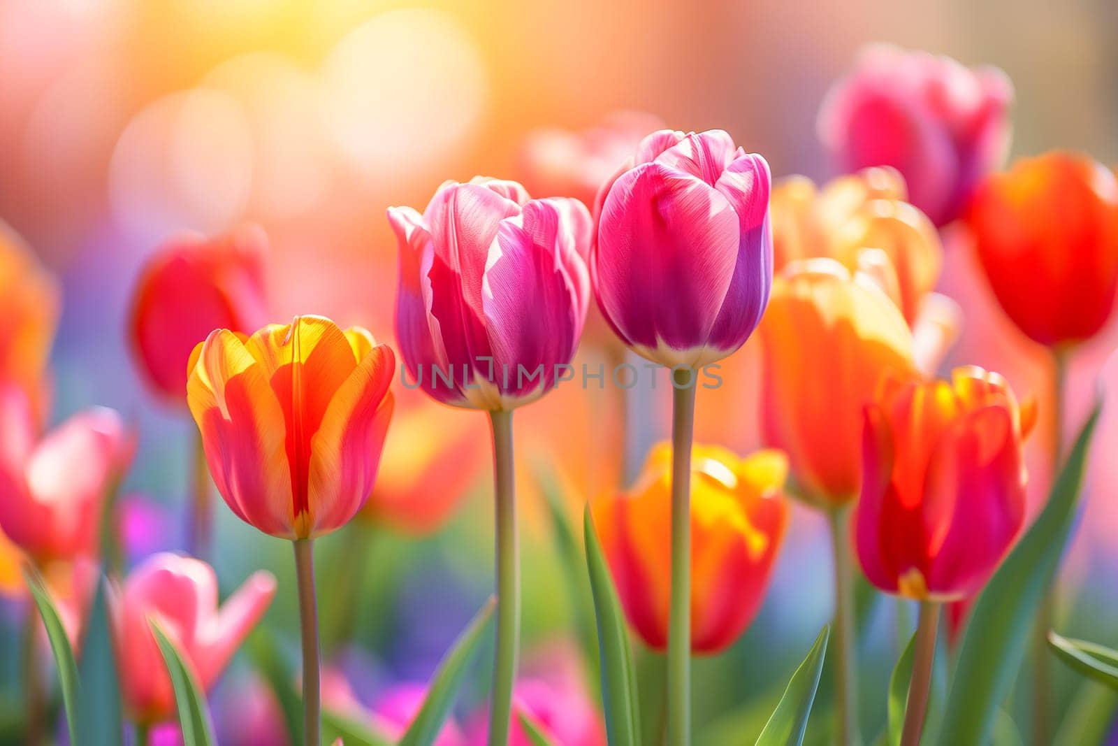 Beautiful Spring Nature background with tulip Flowers, selective focus. Vivid colors. Neural network generated in January 2024. Not based on any actual scene or pattern.