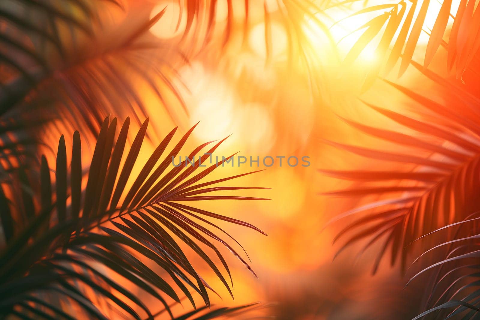 Vibrant sunny backdrop palm leaves with golden sun light. Neural network generated in January 2024. Not based on any actual scene or pattern.