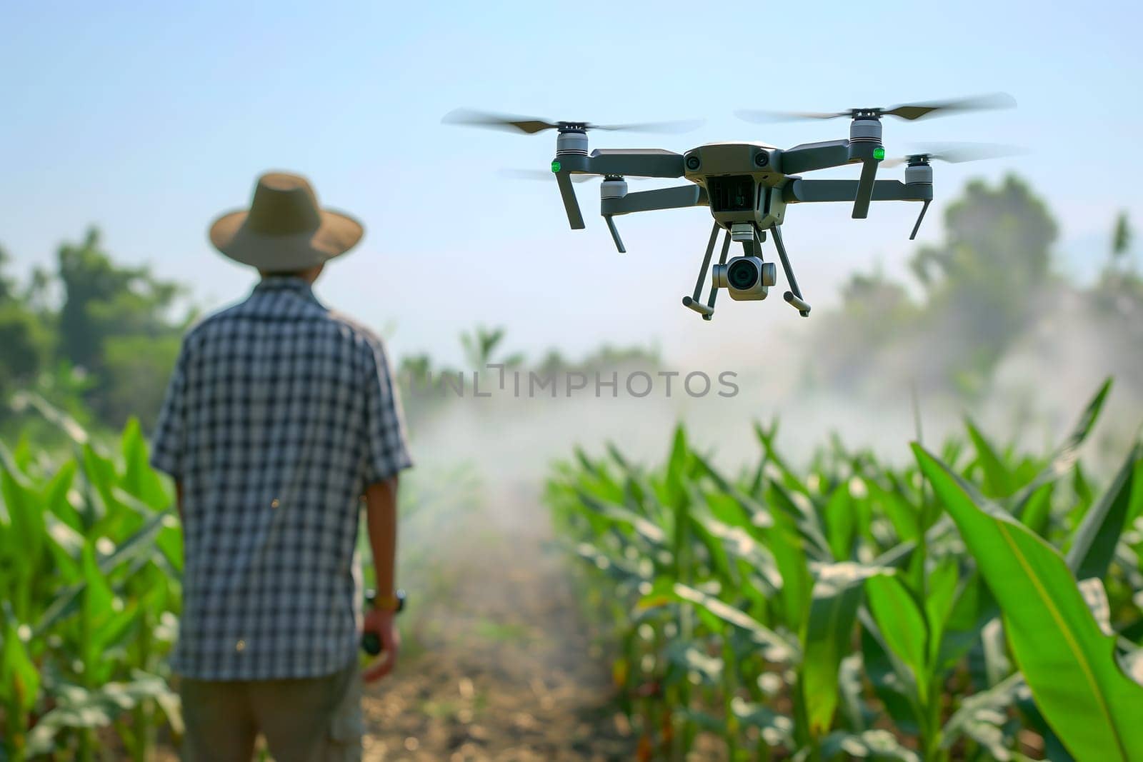 Farmer in the field using drone. Neural network generated in January 2024. Not based on any actual scene or pattern.