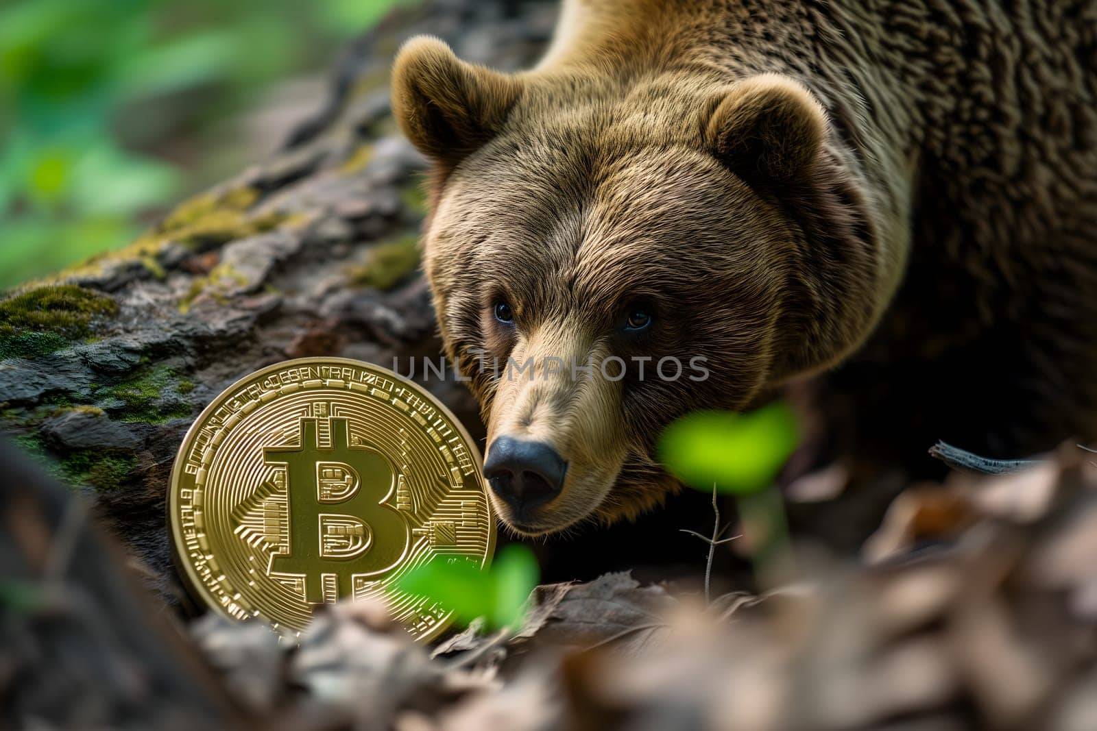 Bear with bitcoin shiner portrait for bearish down trend concept. Neural network generated image. Not based on any actual person or scene.