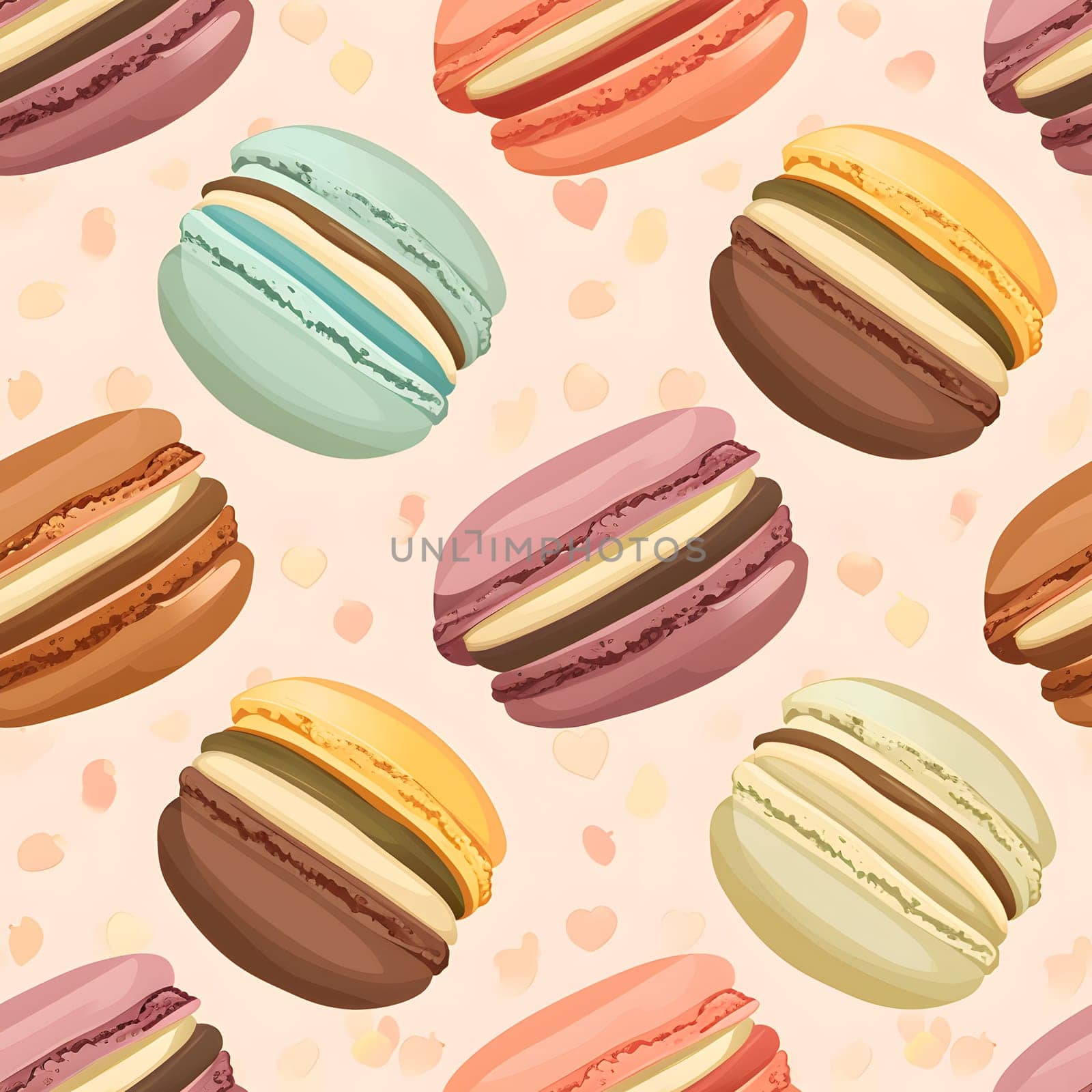 Seamless background of colorful macarons pattern. Neural network generated image. Not based on any actual scene or pattern.