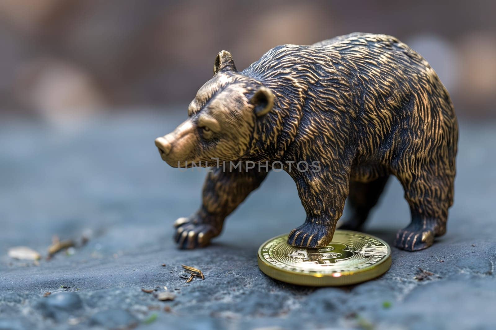 Bronze bear figure paw stomping and holding down bitcoin shiner. Neural network generated image. Not based on any actual person or scene.