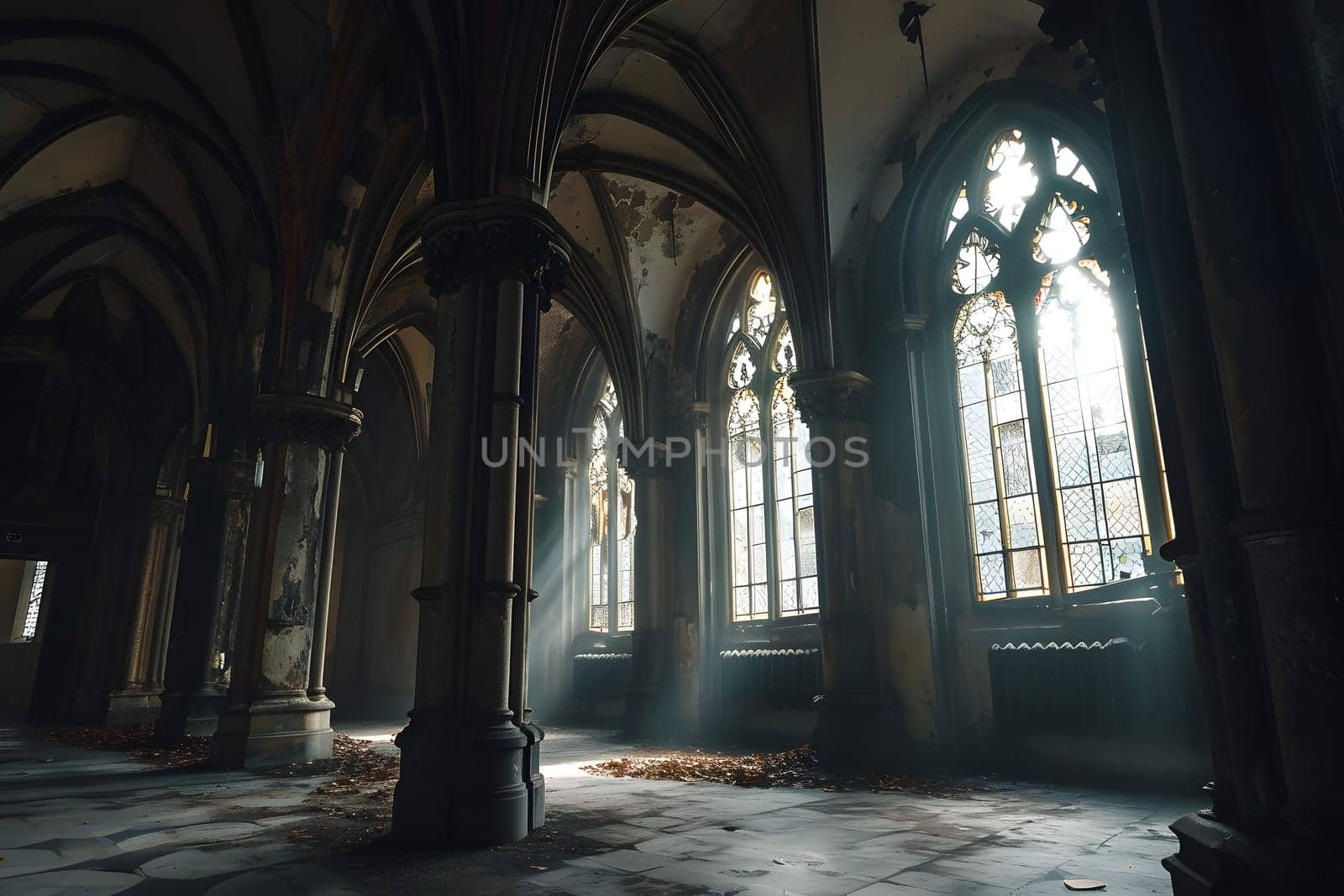 Dark gothic abandoned ancient chapel hall interior with tall windows and columns, foggy and empty. Neural network generated in January 2024. Not based on any actual scene or pattern.