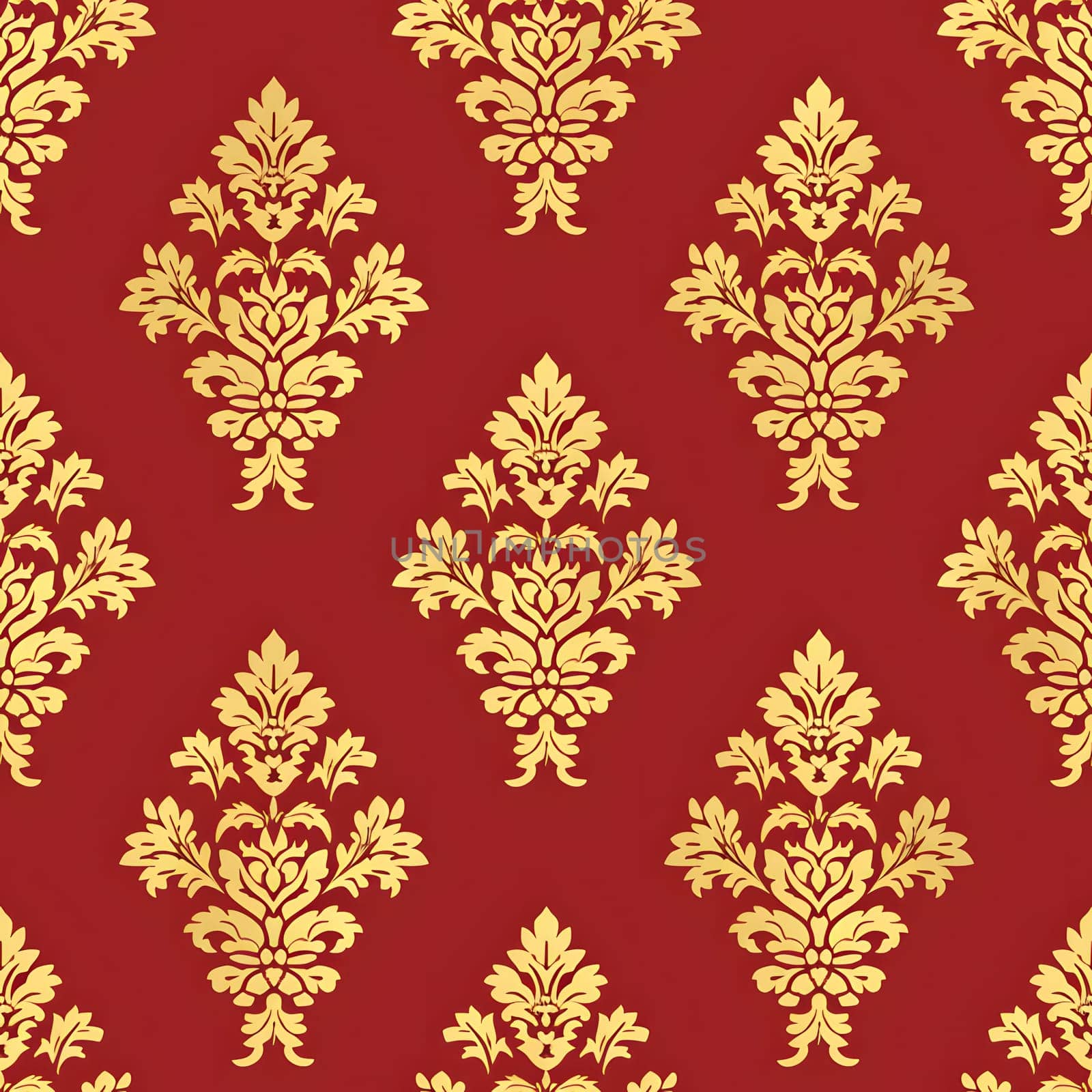 Seamless texture of red and gold damask pattern. Neural network generated image. Not based on any actual scene or pattern.
