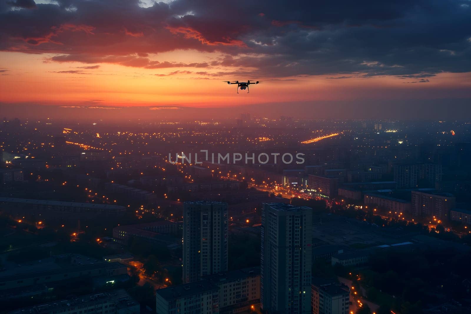 Copter drone over city at sunset or sunrise. Neural network generated image. Not based on any actual scene or pattern.