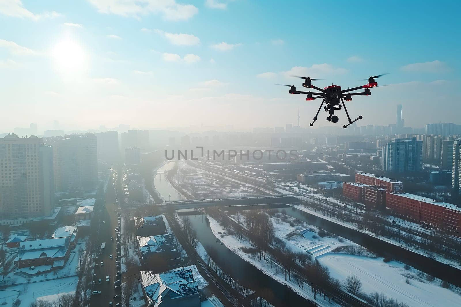 Flying drone above the city at snowy winter morning. Neural network generated image. Not based on any actual scene or pattern.