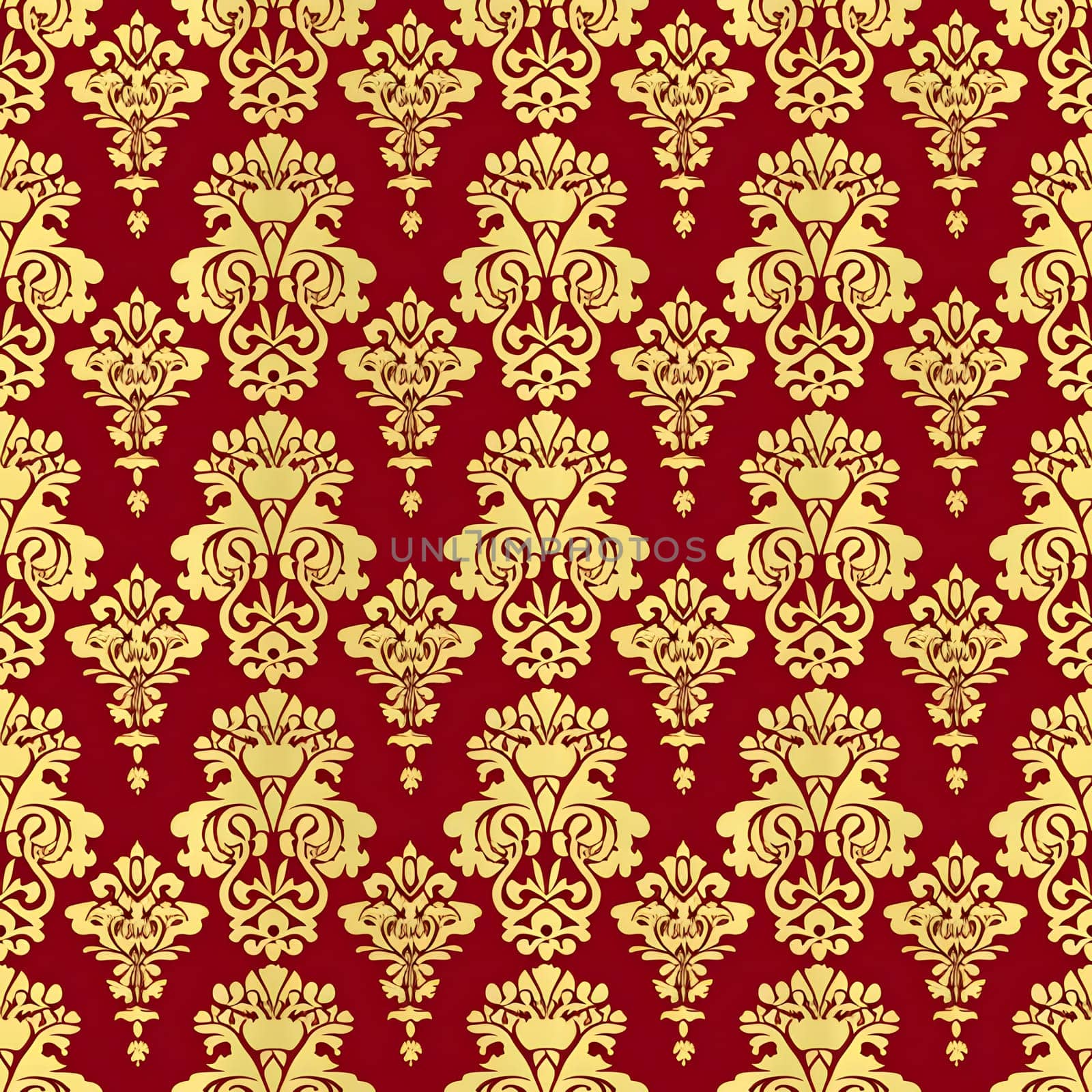 Seamless texture of red and gold damask pattern. Neural network generated image. Not based on any actual scene or pattern.