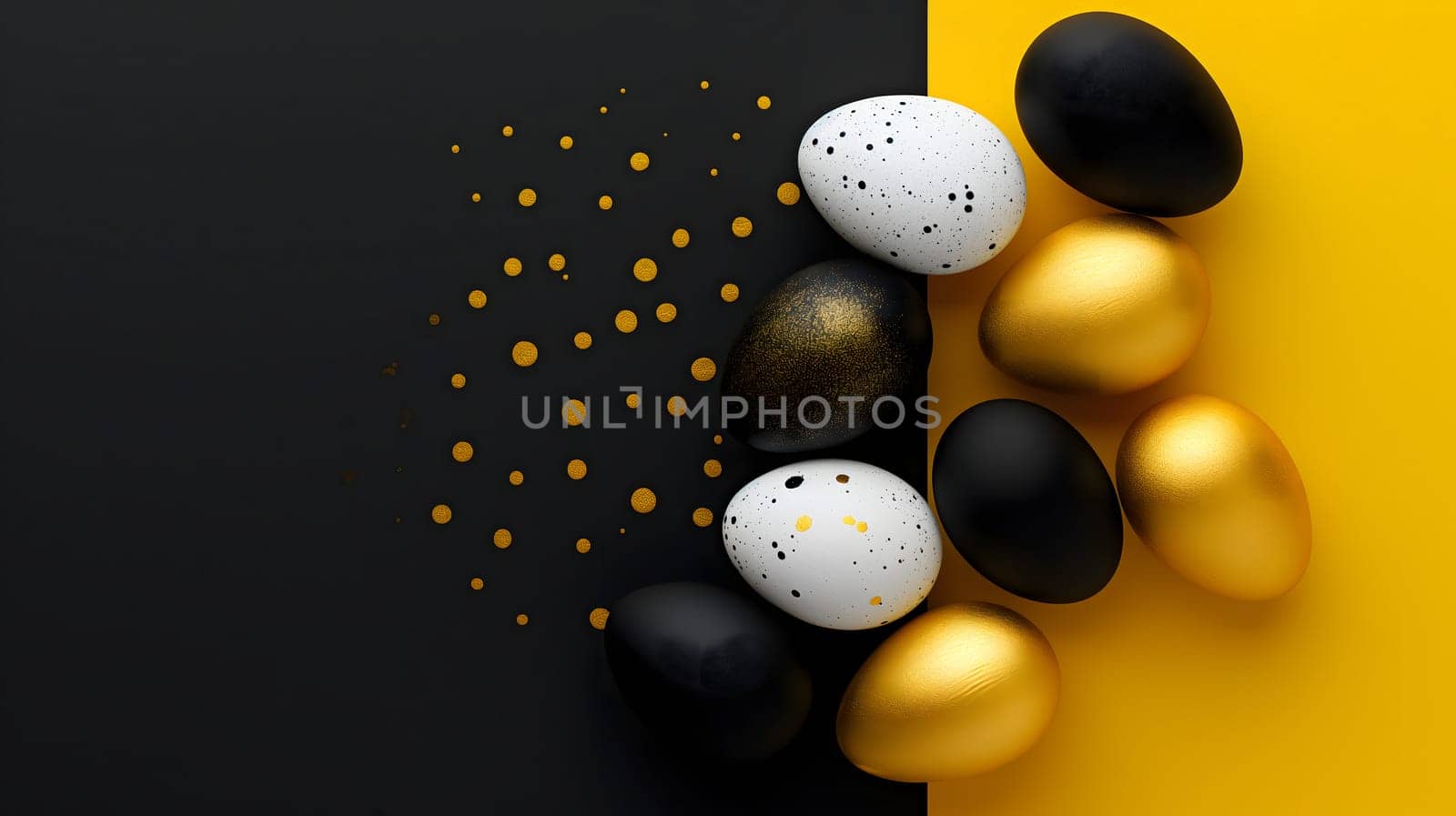 Golden, black, white Easter eggs on a yellow-black background. geometry. Minimal concept. View from above. Neural network generated image. Not based on any actual scene or pattern.
