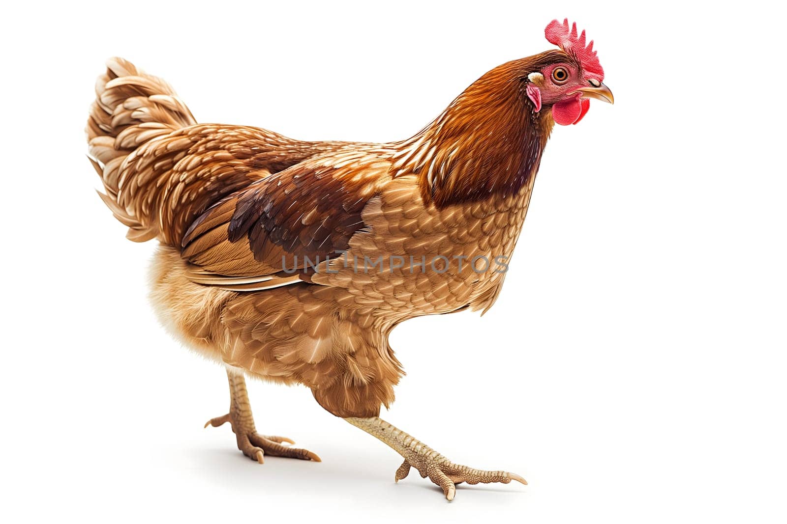 Running chicken hen on white background. Neural network generated image. Not based on any actual scene or pattern.