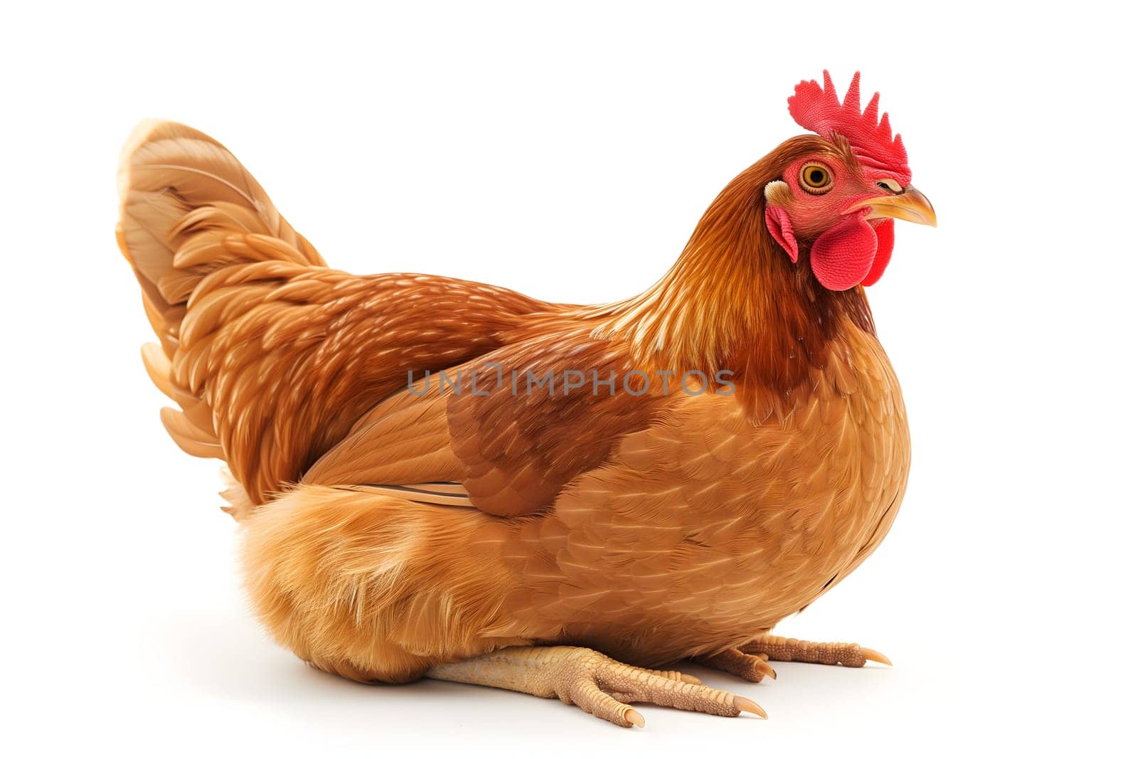 Chicken hen sitting on white background. Neural network generated image. Not based on any actual scene or pattern.