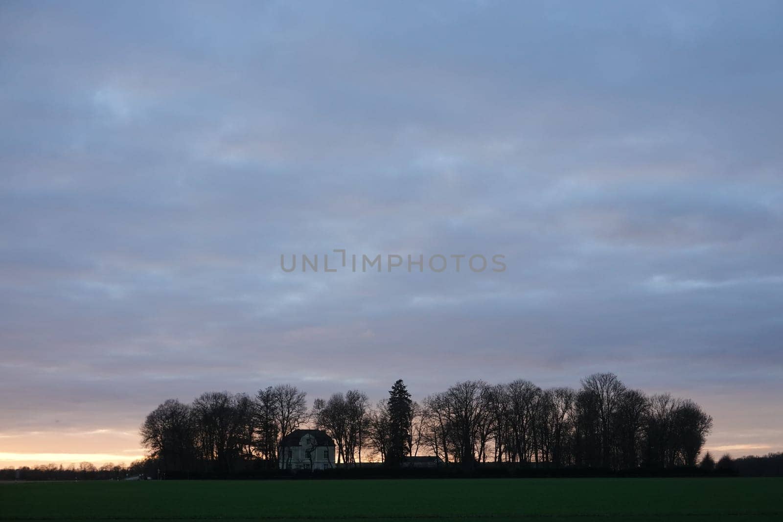 einsame Villa, von Bäumen umgeben, bei Sonnenuntergang, Nordrhein-Westfalen, Deutschland, Weilerswist