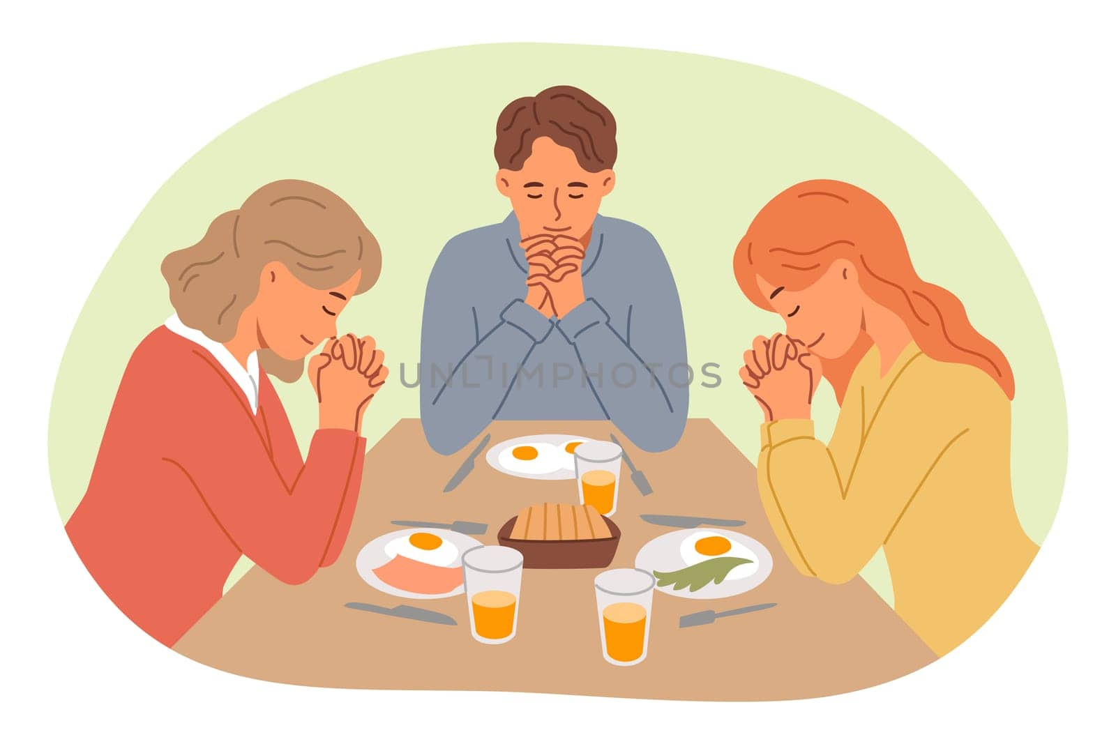 Lunchtime prayer from catholic family thanking god for presence of food on table and opportunity to eat deliciously. Christian lunchtime prayer read by two spouses and teenage daughter