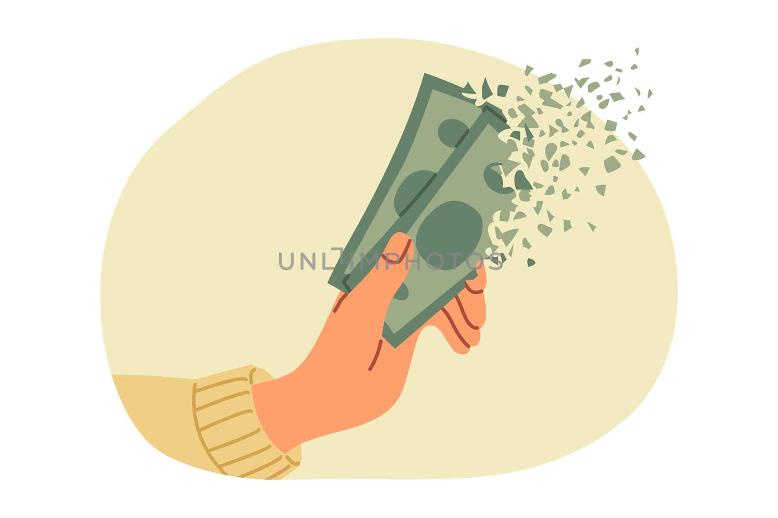 Money in person hands quickly disappears due to high inflation caused by crisis or lack of financial planning. Human loses earned money after accelerating inflation and rising living costs