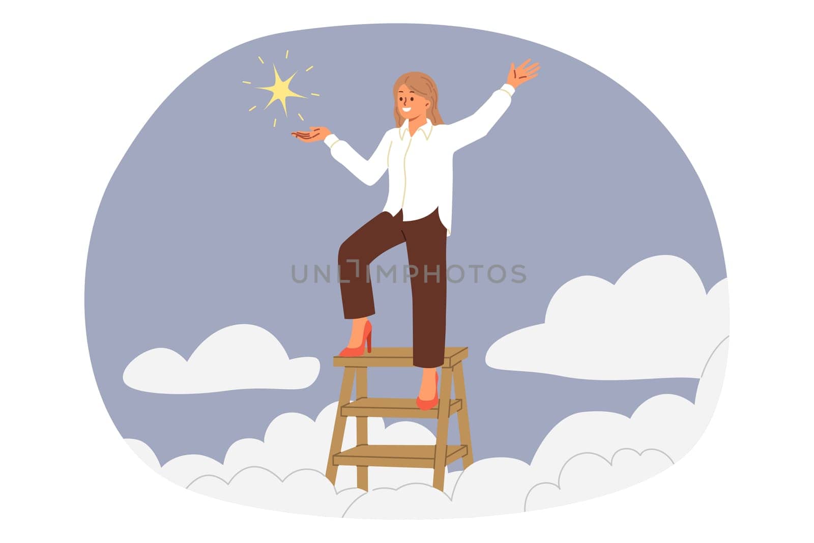 Successful businesswoman stands at top of ladder in sky and holds star, rejoicing at results achieved. Successful girl manager climbed career ladder or achieved excellent results in business