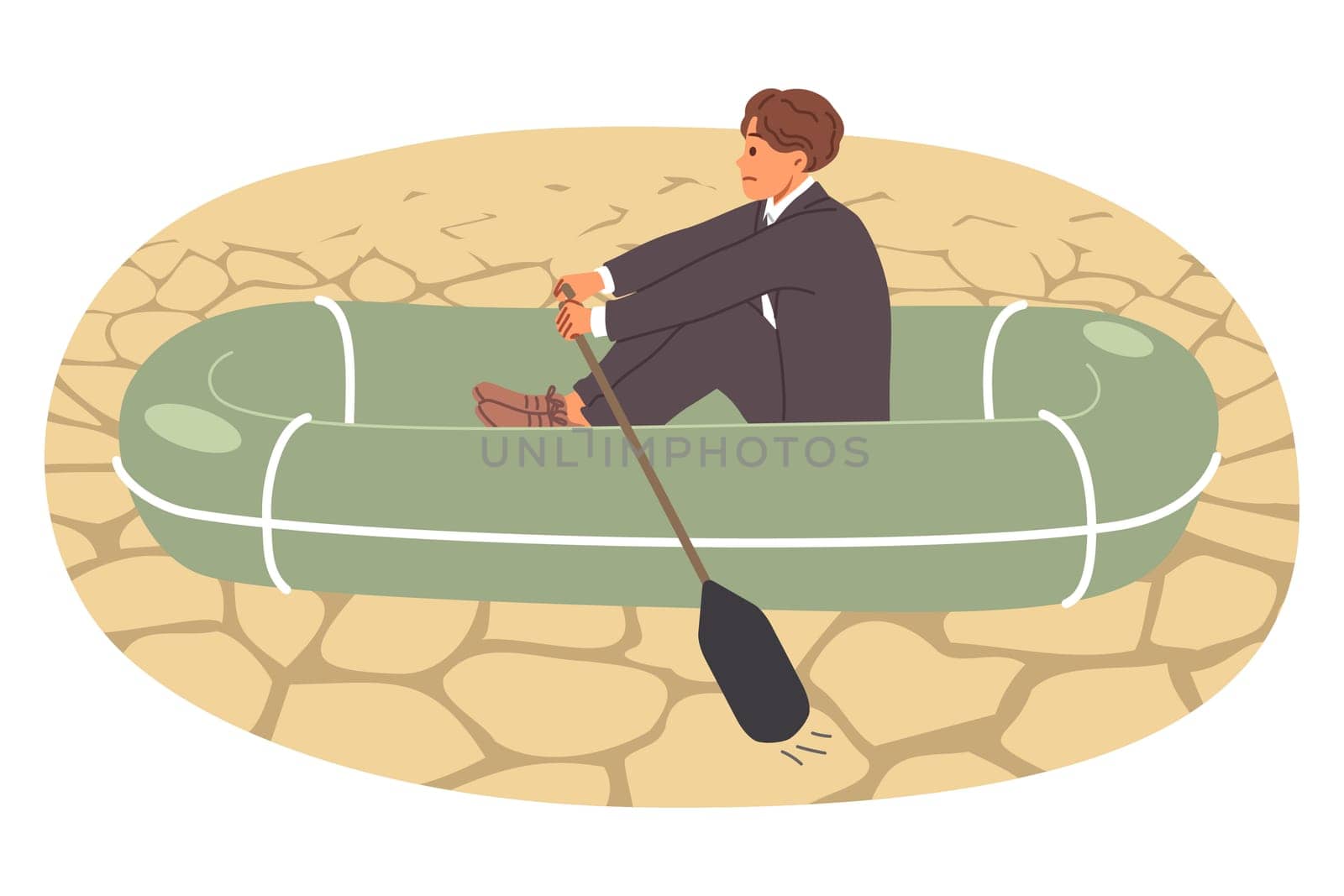 Business man sails through desert on inflatable boat, showing unprofessionalism and lack of skill in handling crisis situations. Concept of crisis disrupting entrepreneur plans to achieve success
