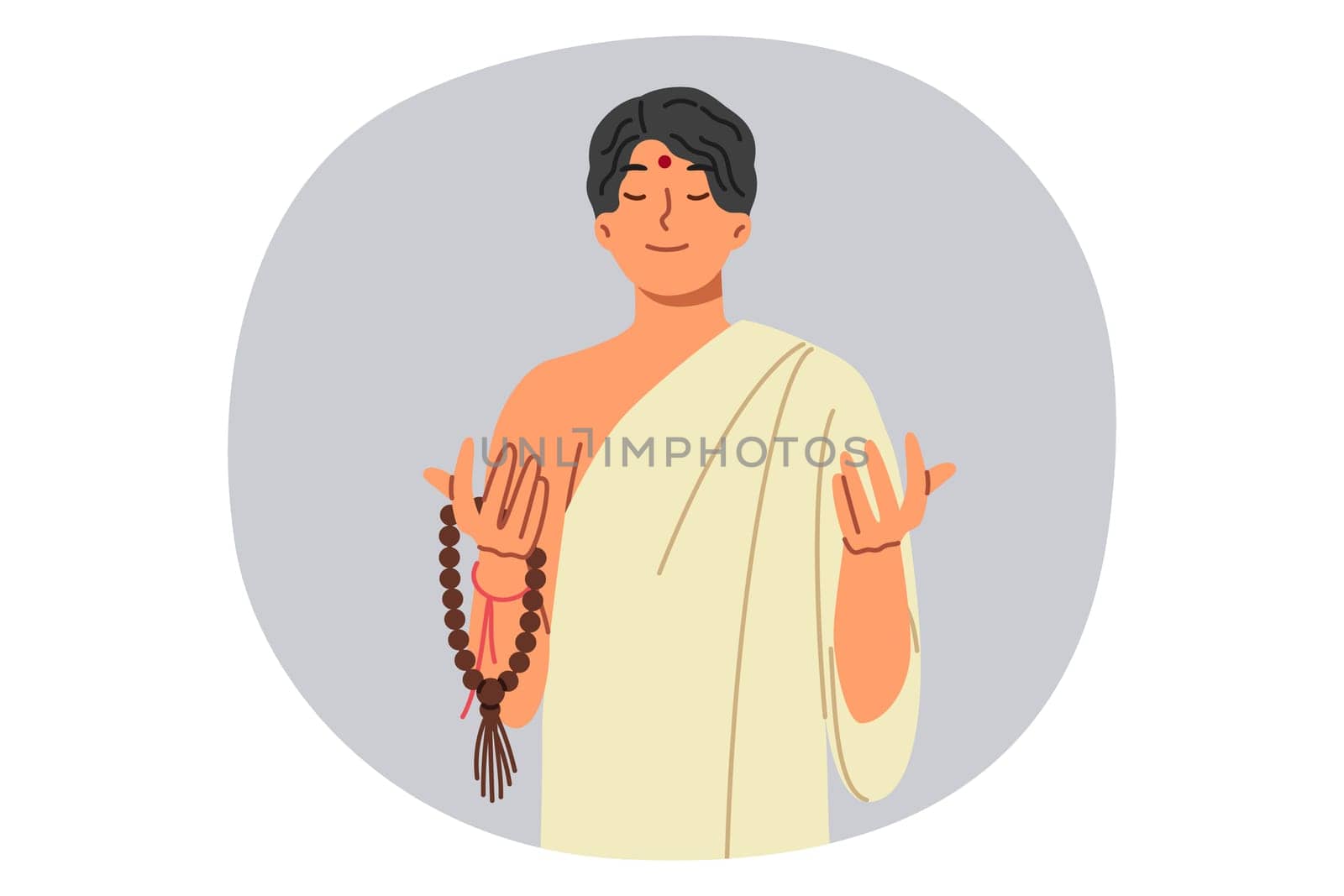 Asian muslim man in traditional ethnic clothing prays and meditates, holding rosary in hands. Muslim guy from countries of pan-asian region with dot on forehead, smiles and closes eyes