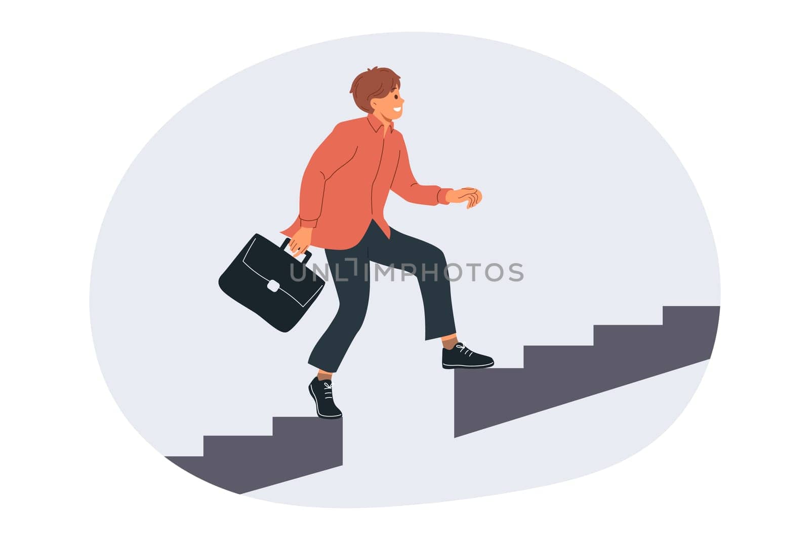 Business man grows professionally by climbing up stairs and overcoming obstacles from missing steps. Ambitious guy clerk, easily copes with problems that arise in business and career