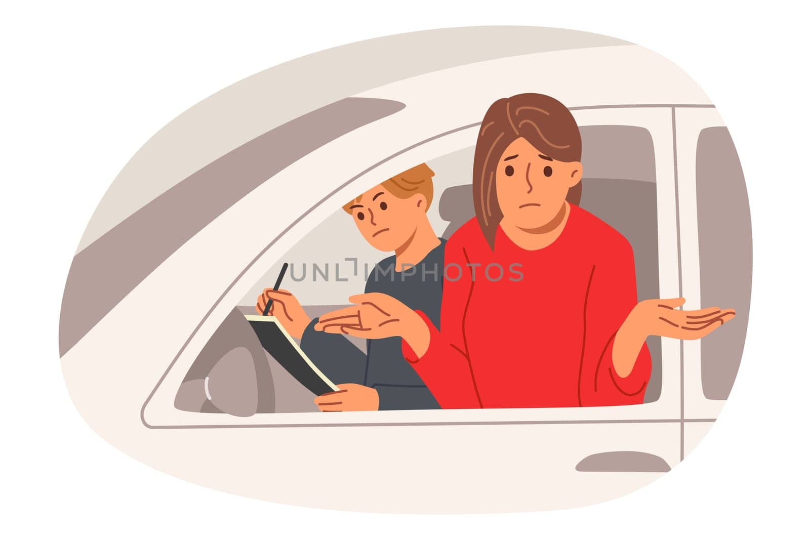 Woman failed driver license test and shrugs as looks out of car with disgruntled instructor. Stupid girl in casual clothes failed in attempt to get driver documents after attending driving school.