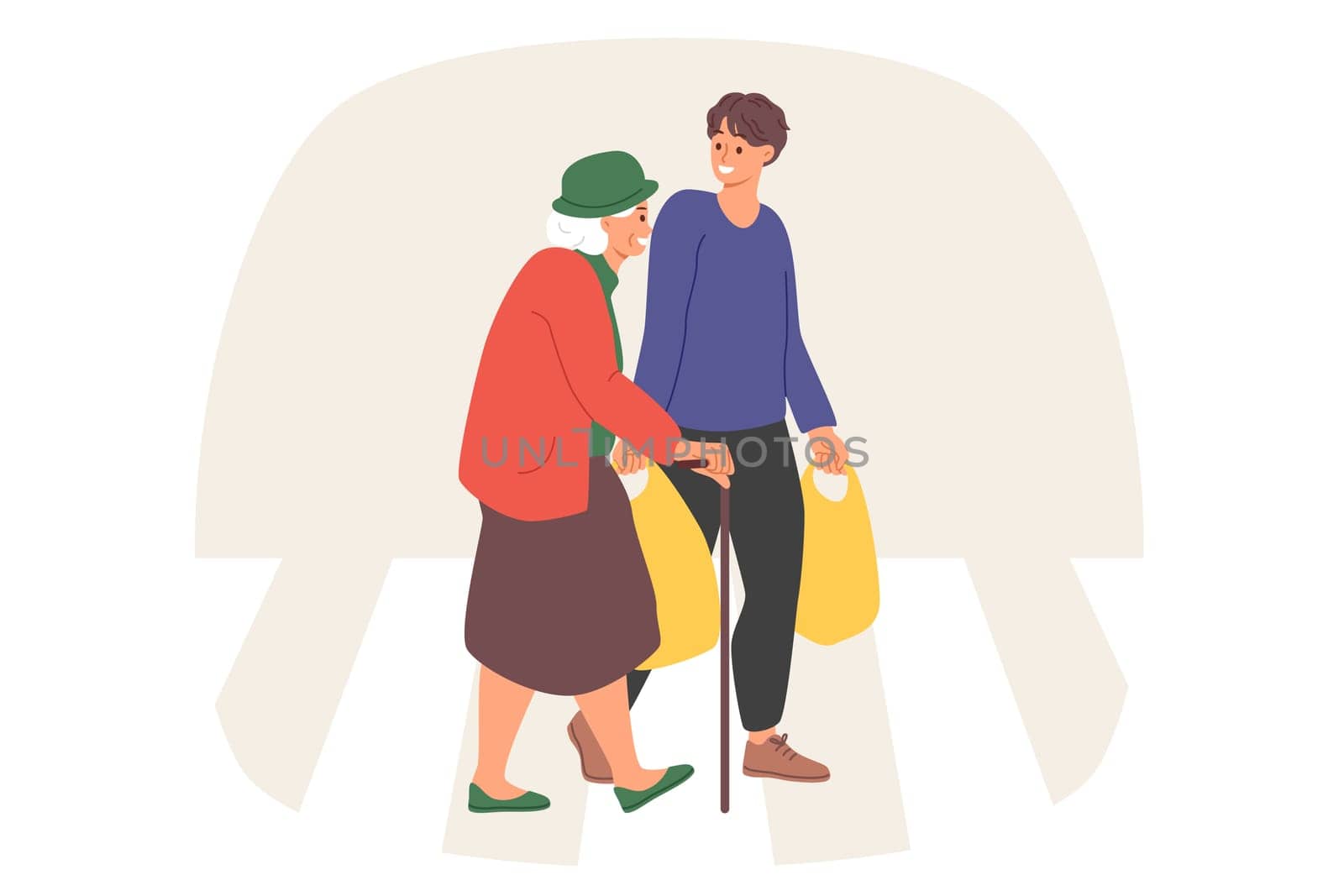 Caring man helps elderly woman carry heavy bags home and talks with grandmother with smile. Kind guy takes care of pensioners, helps to go to grocery store or popular supermarket with quality food