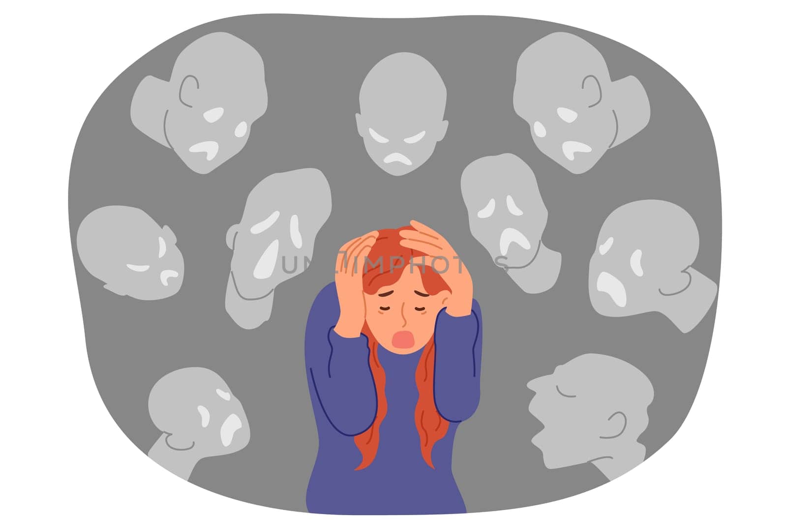 Girl with panic attack caused by hallucinations, causing visions of ghosts and spirits. Woman suffers from hallucinations and screams, covering head with hands, in need of psychotropic medications.