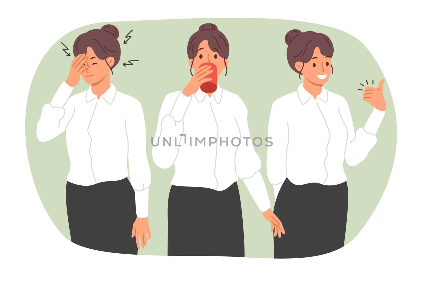 Business woman with headache or migraine drinks medicine and feels better, showing thumbs up gesture. Girl office clerk before and after taking headache pills, ready to start work.