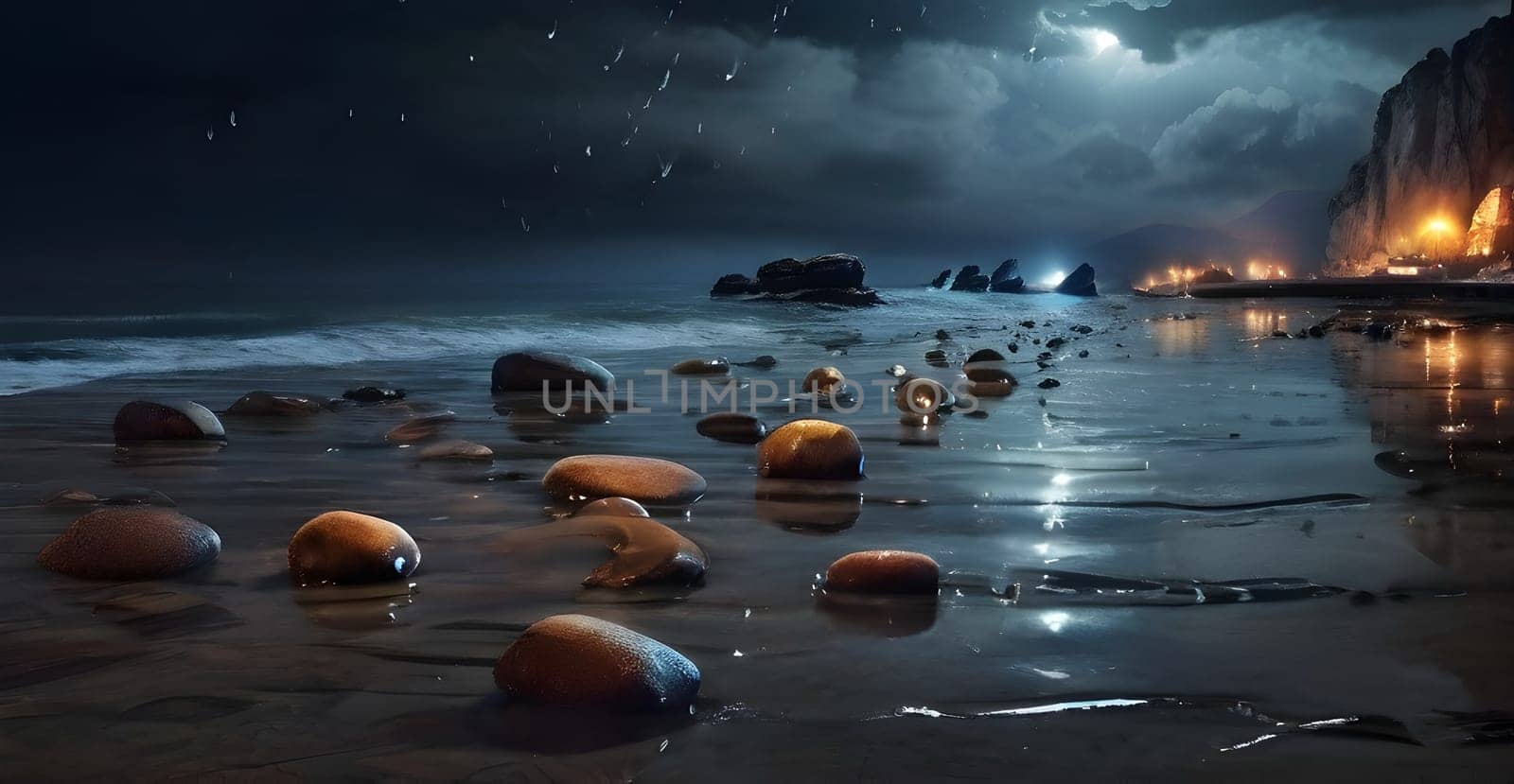Raining at the beach at night