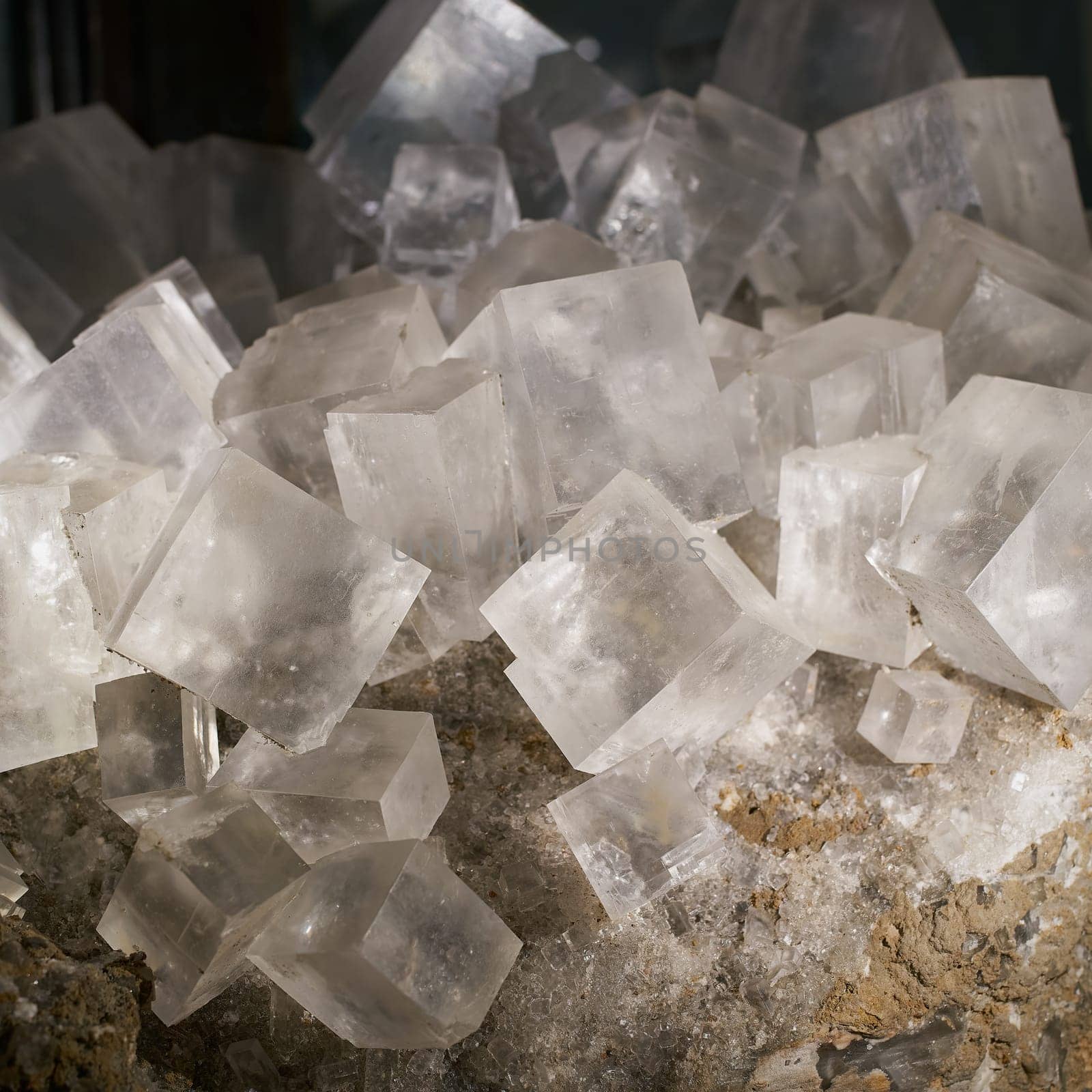Cube-shaped crystals of the mineral halite in a mineral collection